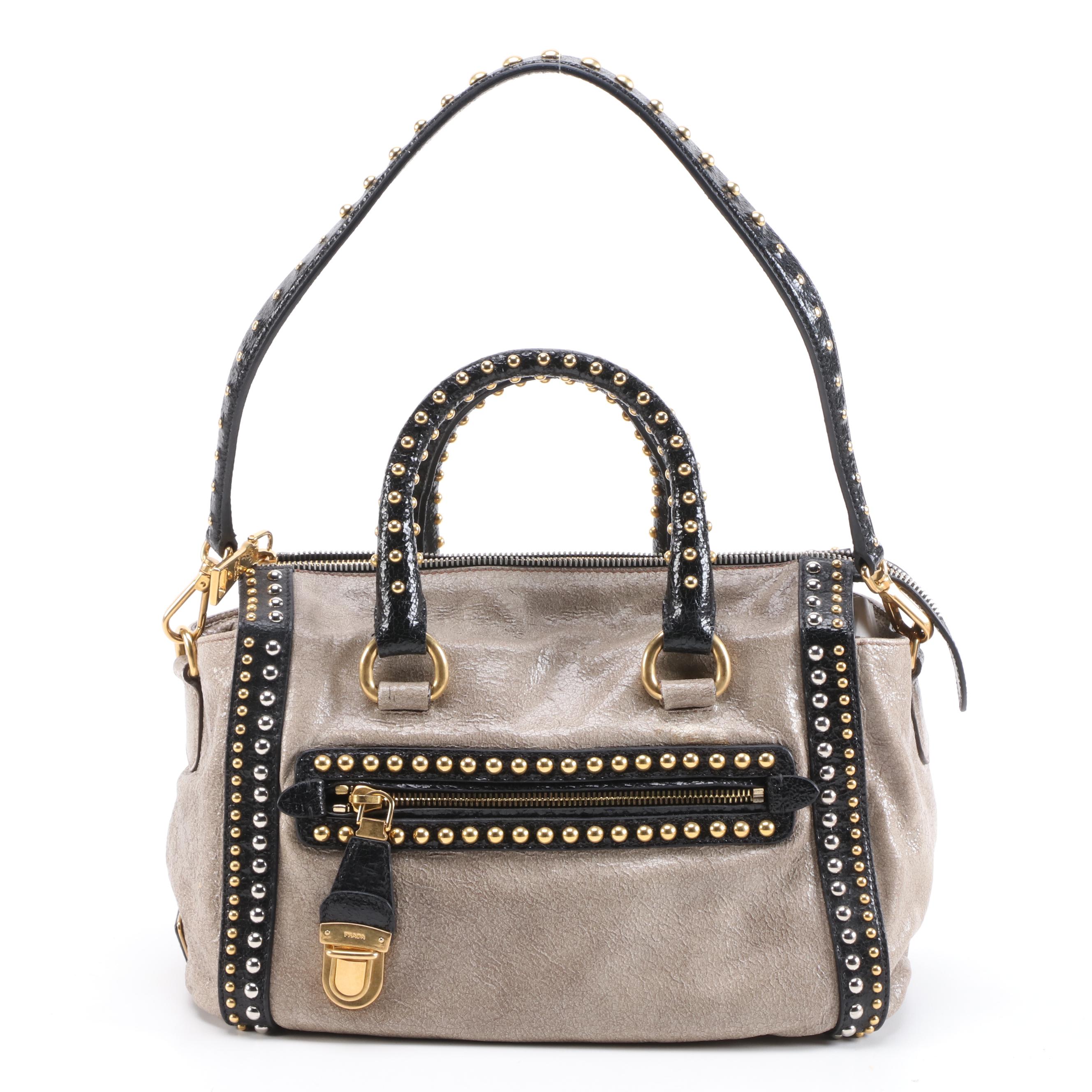 Prada Studded Taupe/Black Craquelle Leather Satchel