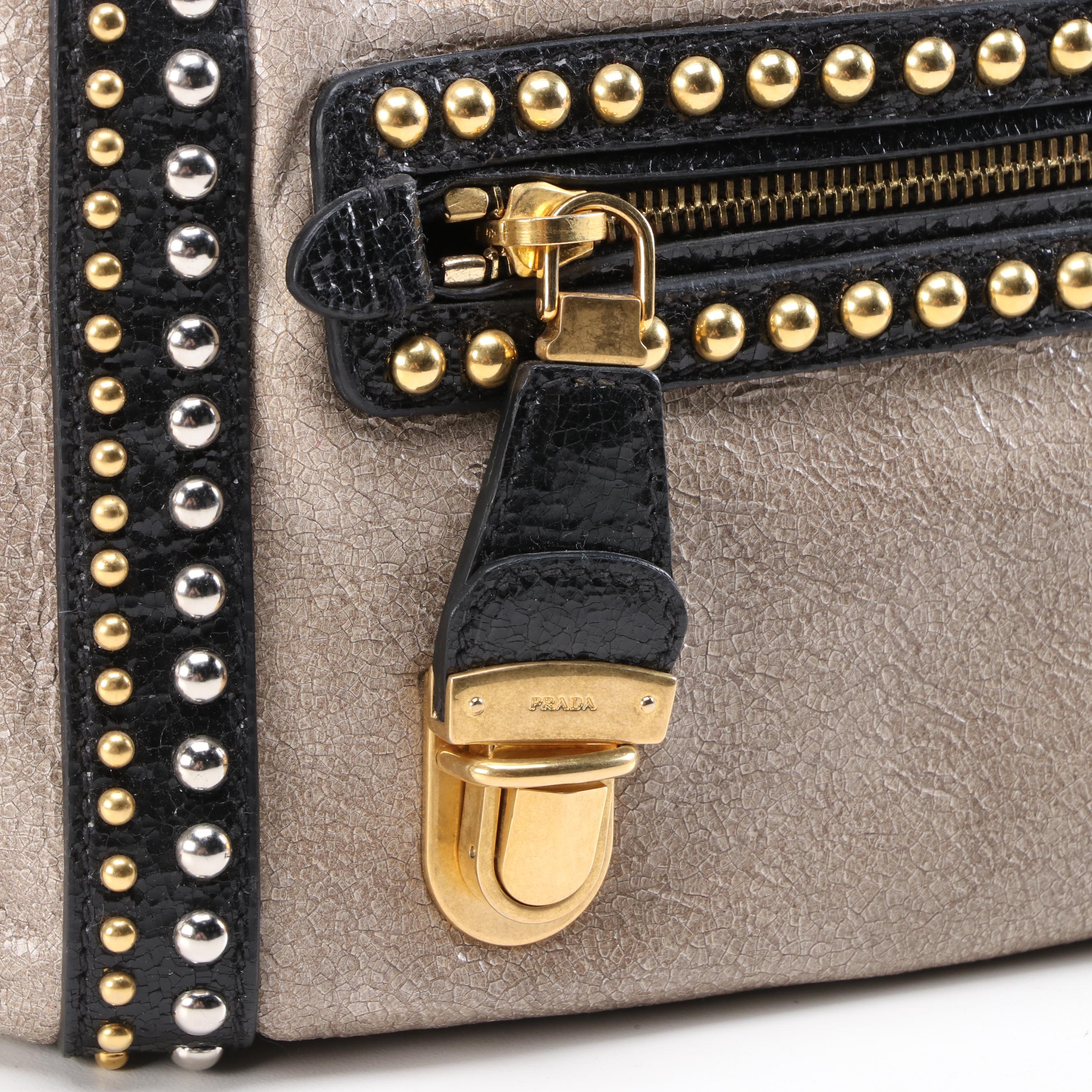 Prada Studded Taupe/Black Craquelle Leather Satchel