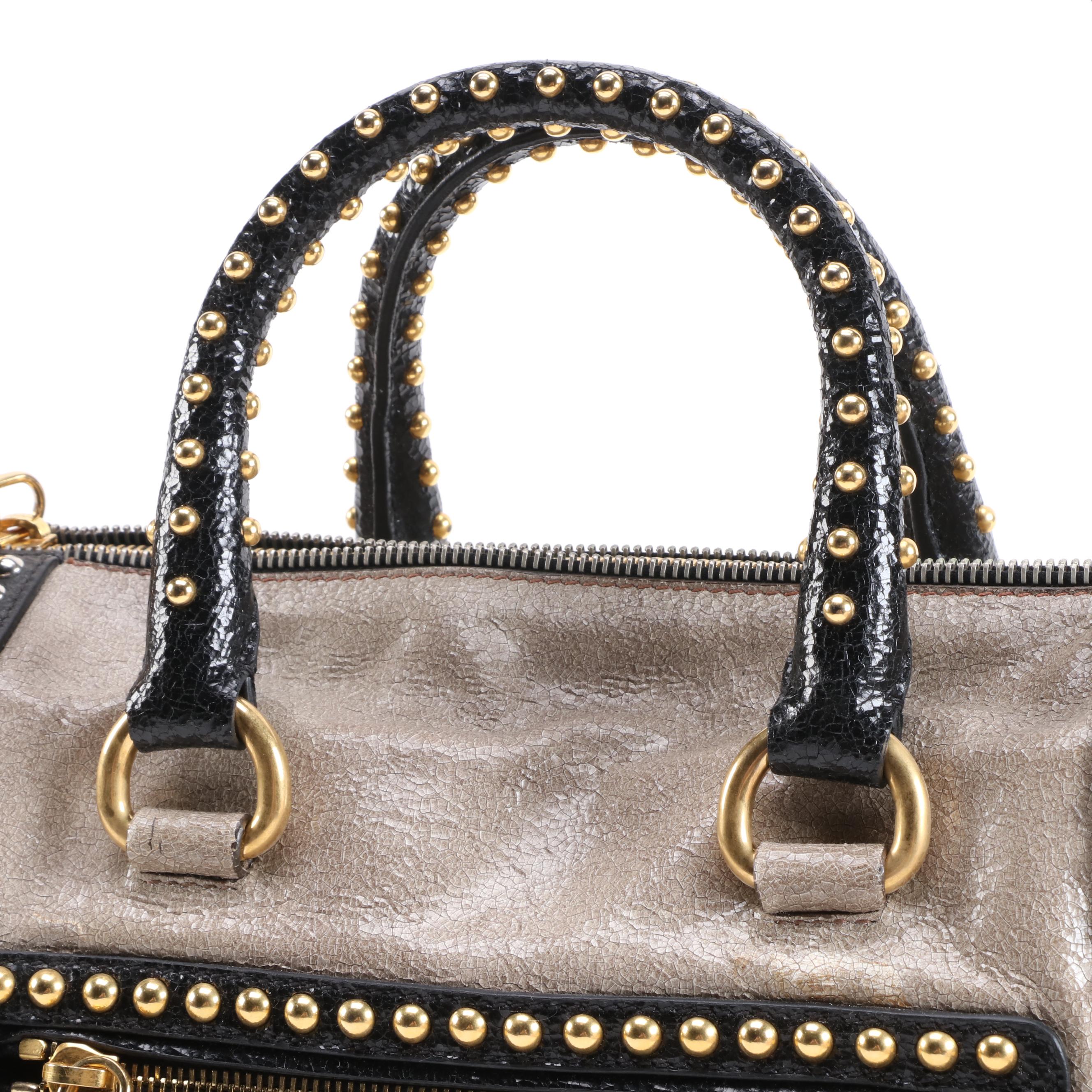Prada Studded Taupe/Black Craquelle Leather Satchel
