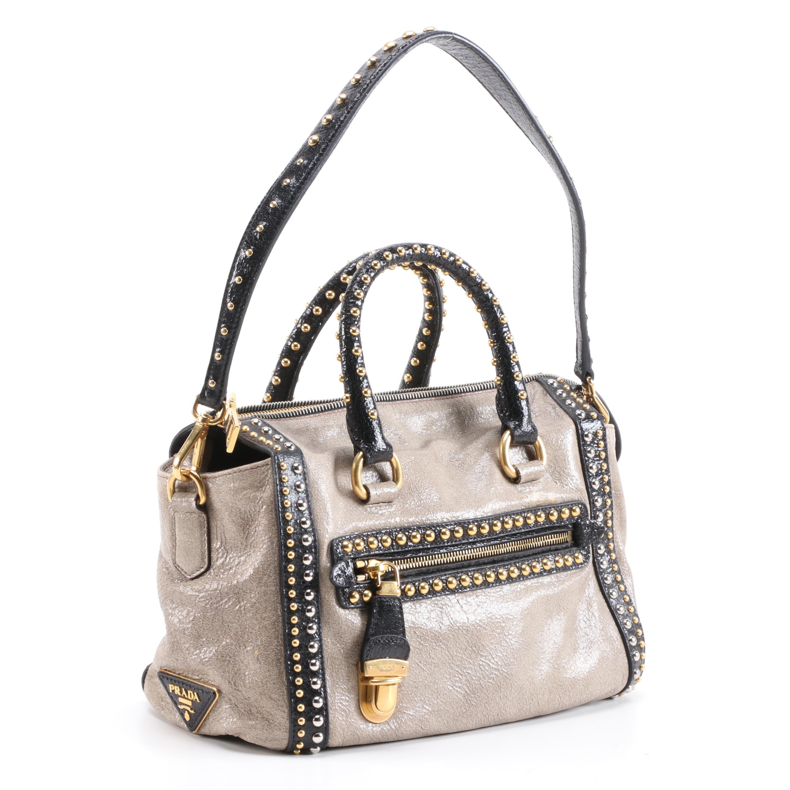 Prada Studded Taupe/Black Craquelle Leather Satchel