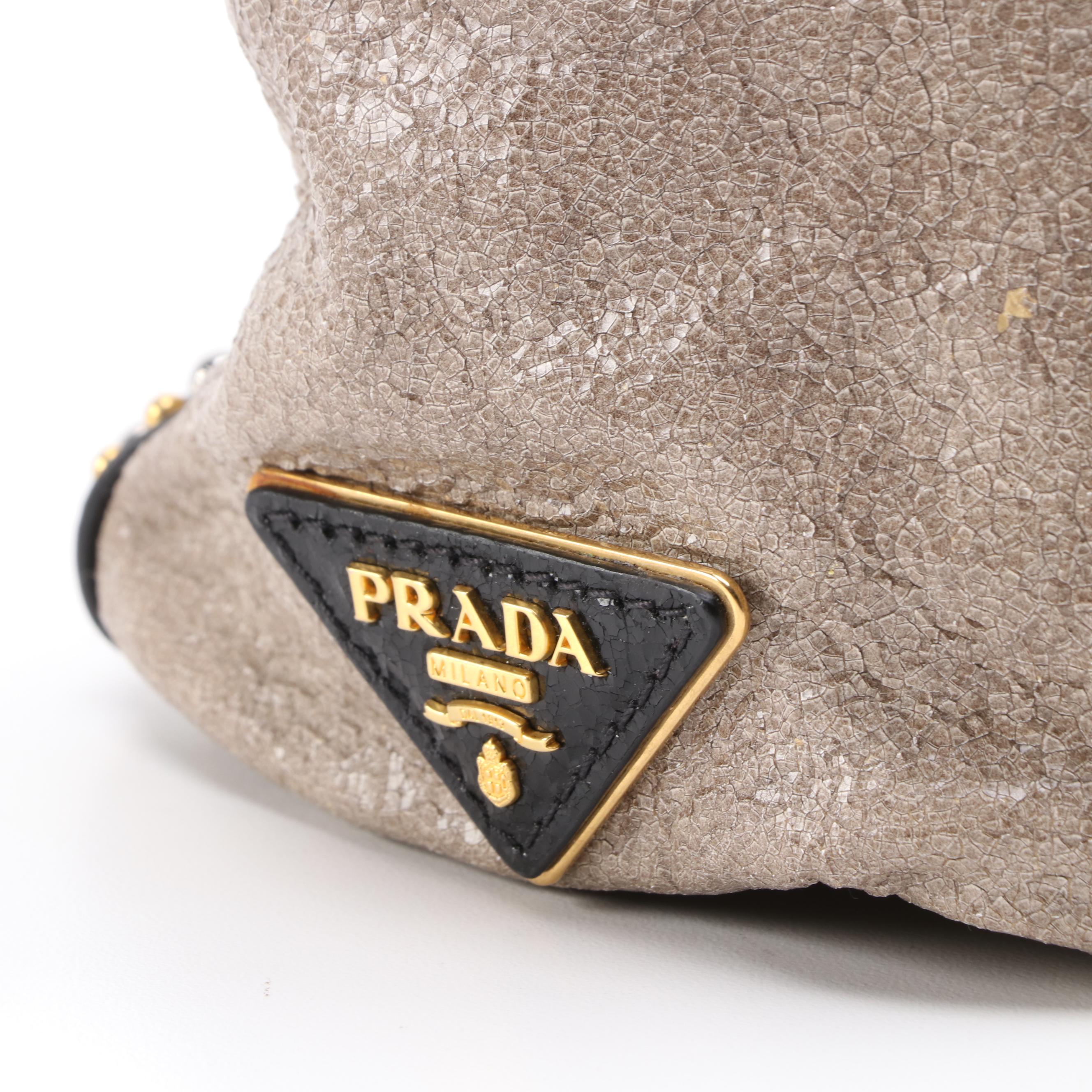 Prada Studded Taupe/Black Craquelle Leather Satchel