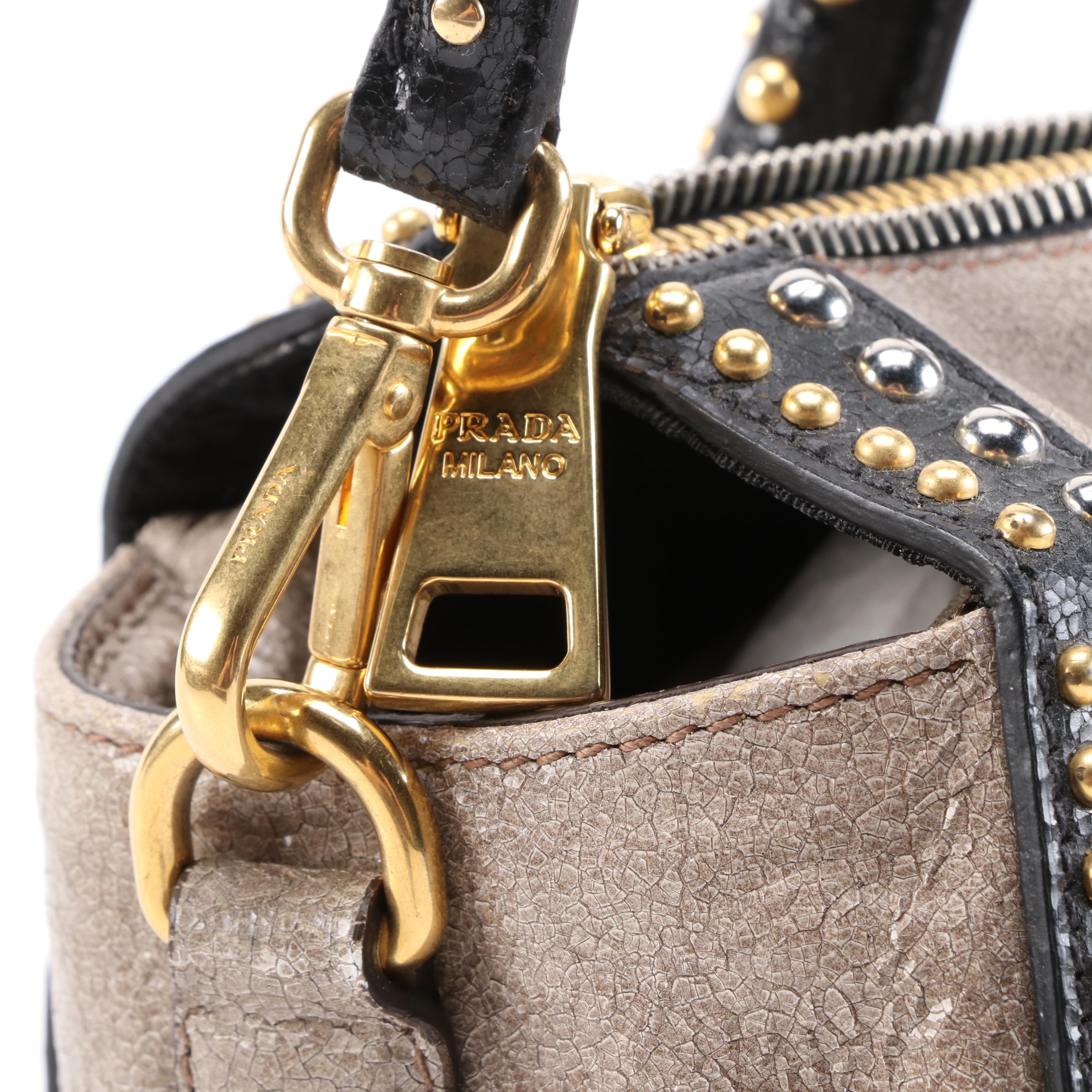 Prada Studded Taupe/Black Craquelle Leather Satchel