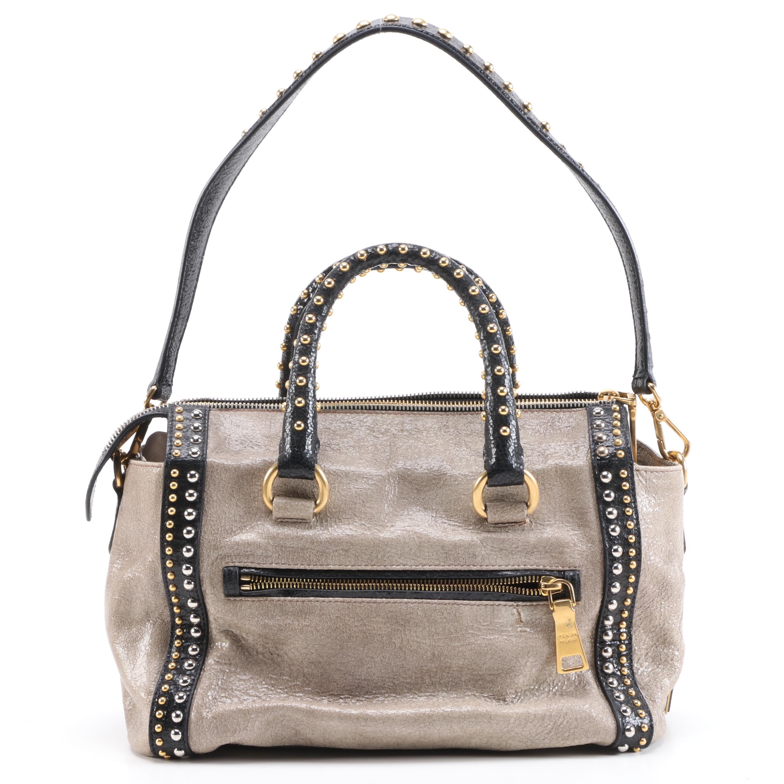 Prada Studded Taupe/Black Craquelle Leather Satchel