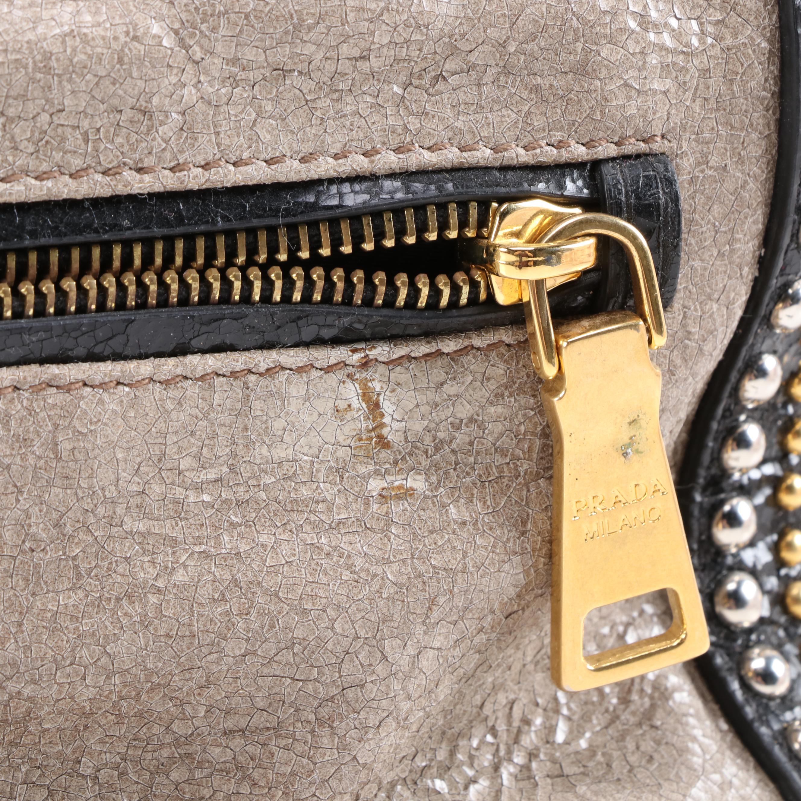Prada Studded Taupe/Black Craquelle Leather Satchel
