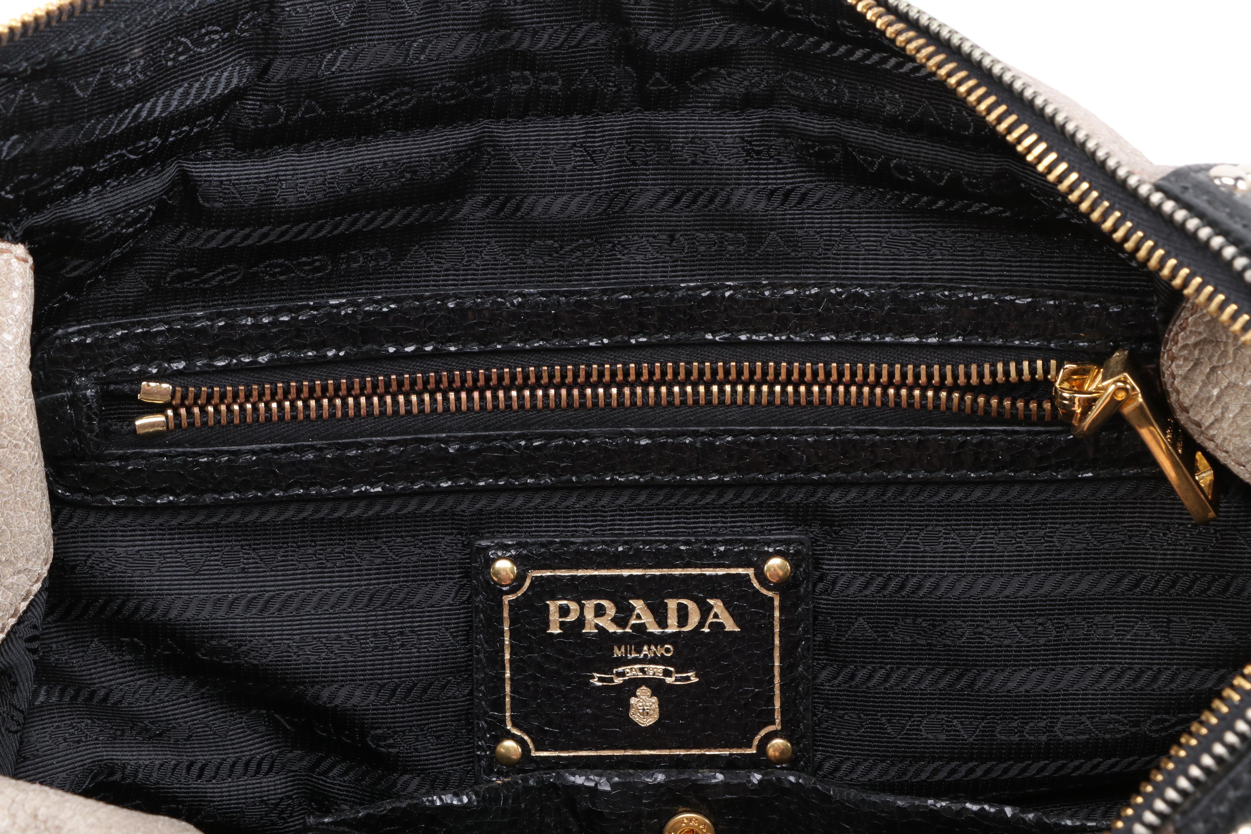 Prada Studded Taupe/Black Craquelle Leather Satchel