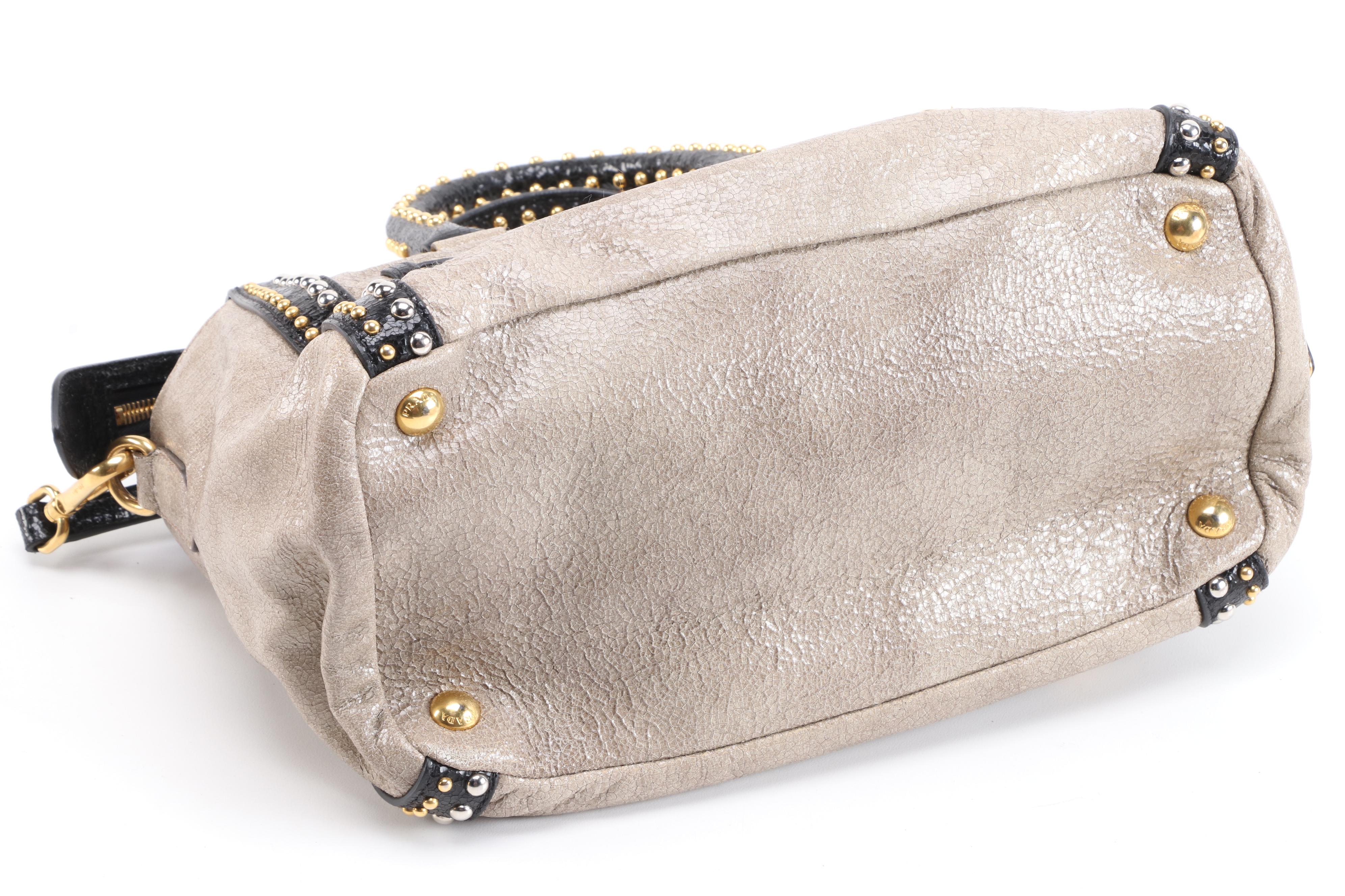 Prada Studded Taupe/Black Craquelle Leather Satchel