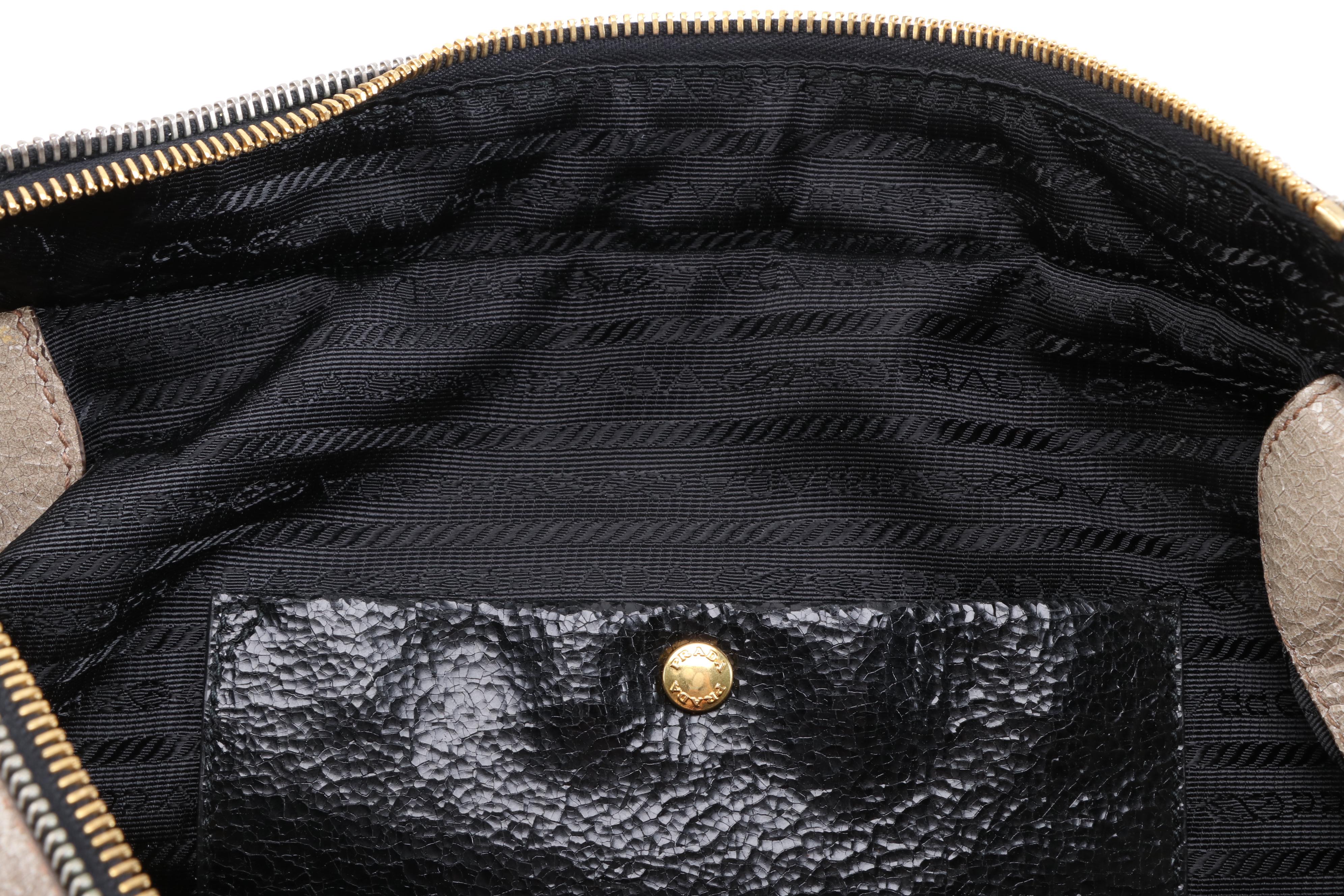 Prada Studded Taupe/Black Craquelle Leather Satchel