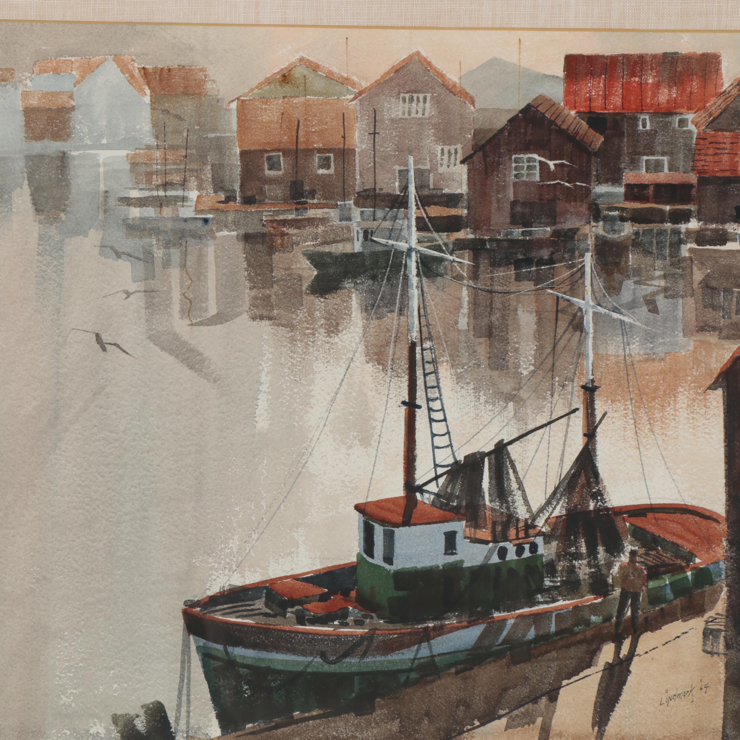 Attributed to Arne Lindmark Watercolor Painting of Harbor Scene, 1964