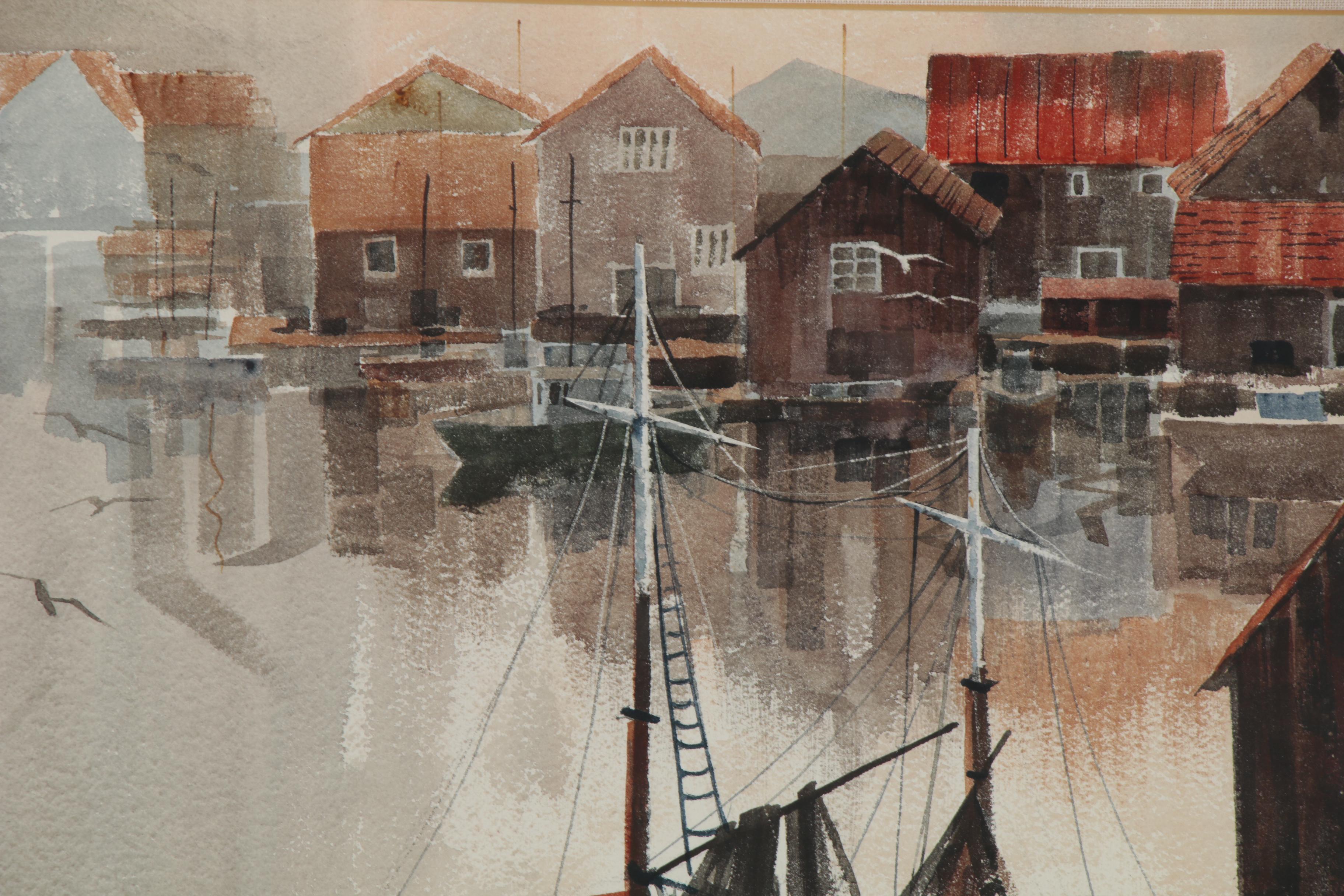 Attributed to Arne Lindmark Watercolor Painting of Harbor Scene, 1964