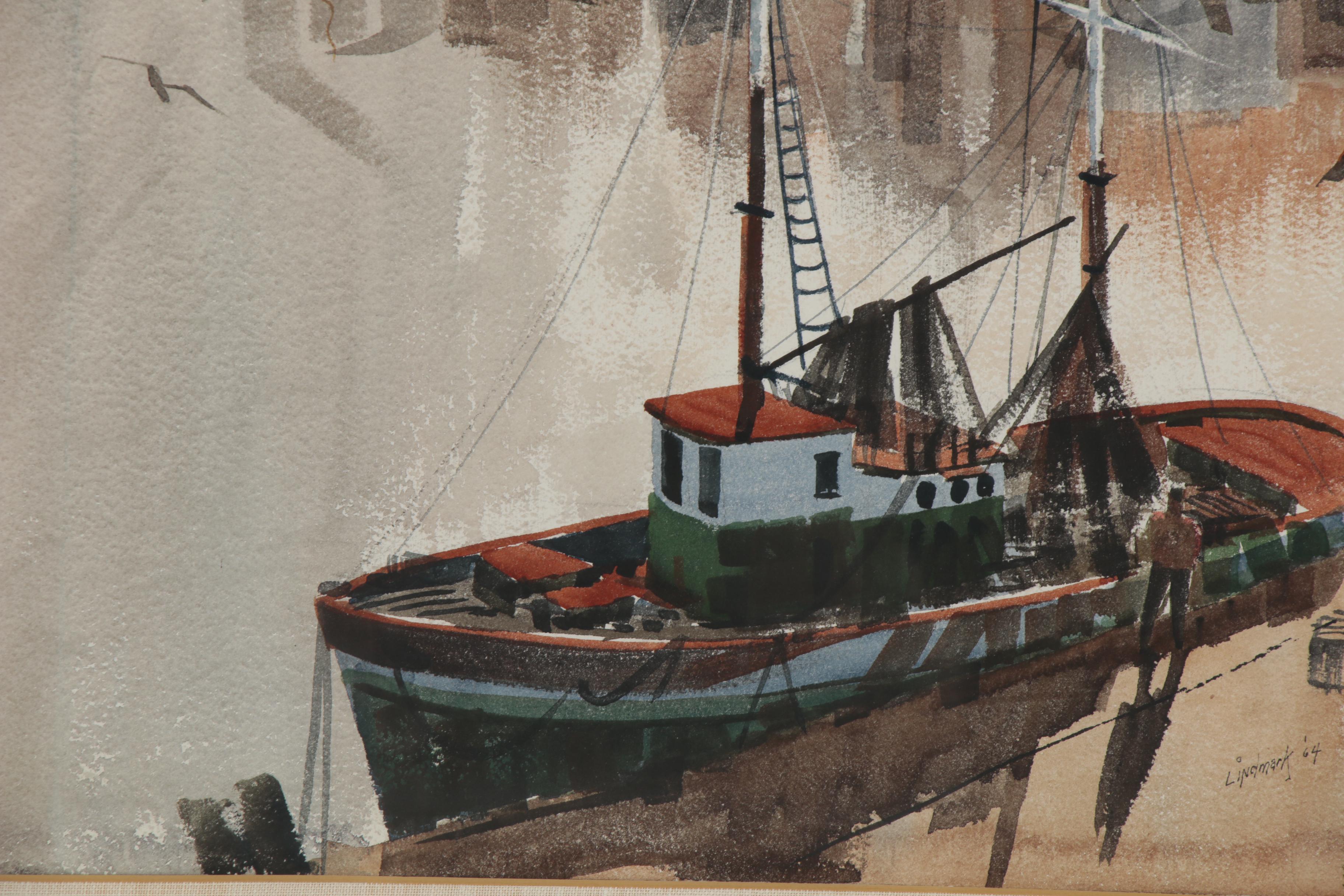Attributed to Arne Lindmark Watercolor Painting of Harbor Scene, 1964