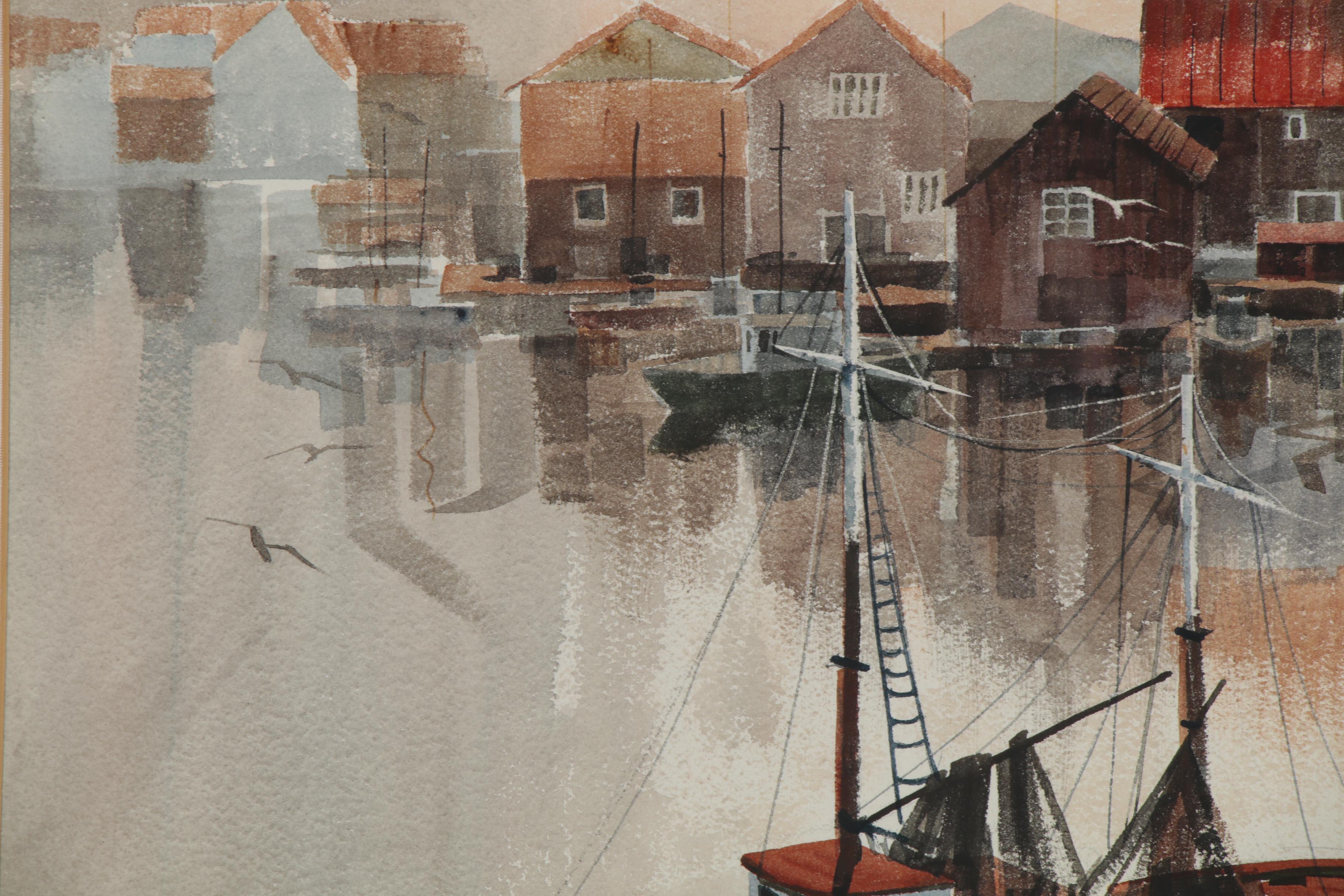 Attributed to Arne Lindmark Watercolor Painting of Harbor Scene, 1964