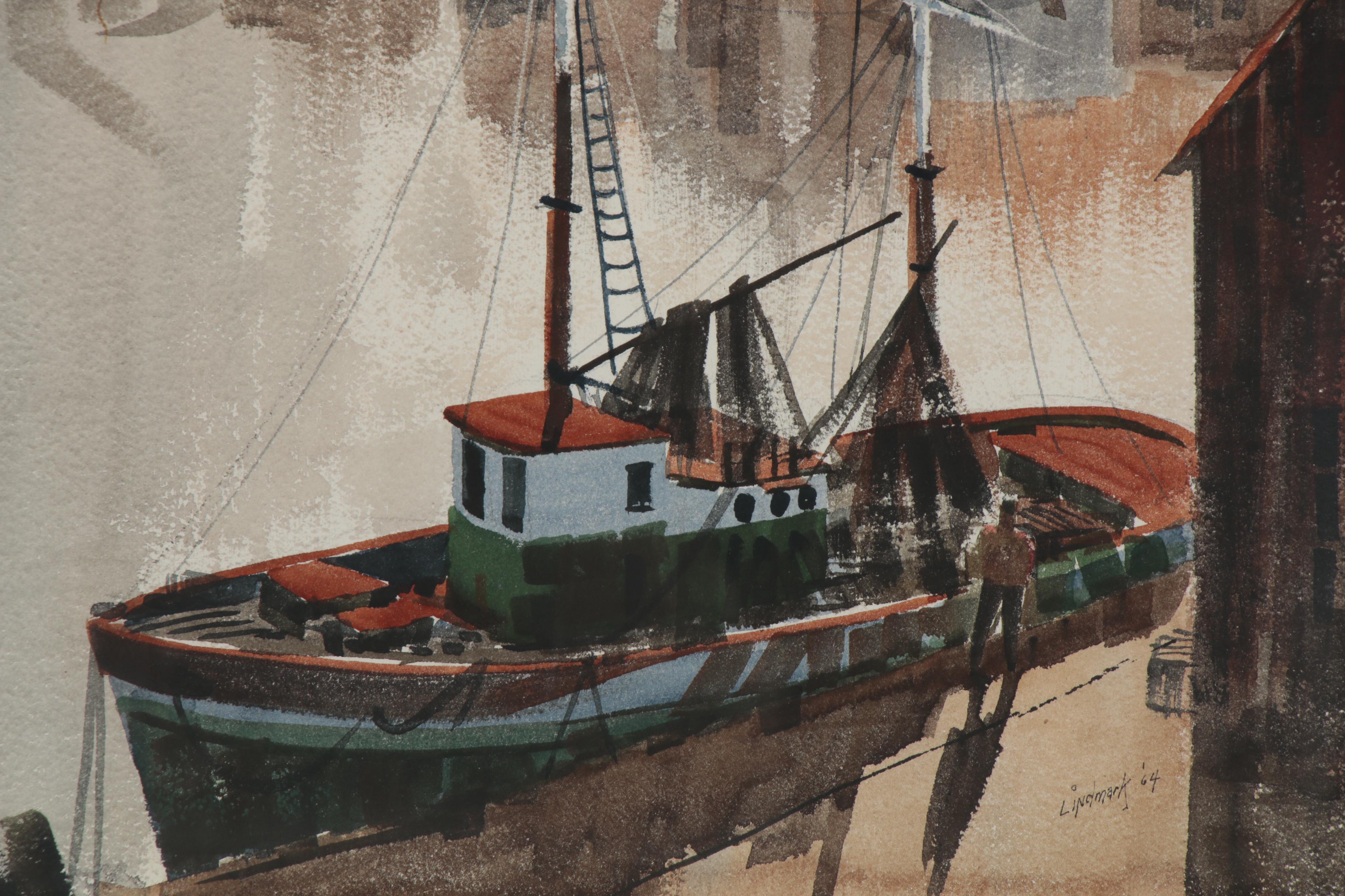 Attributed to Arne Lindmark Watercolor Painting of Harbor Scene, 1964