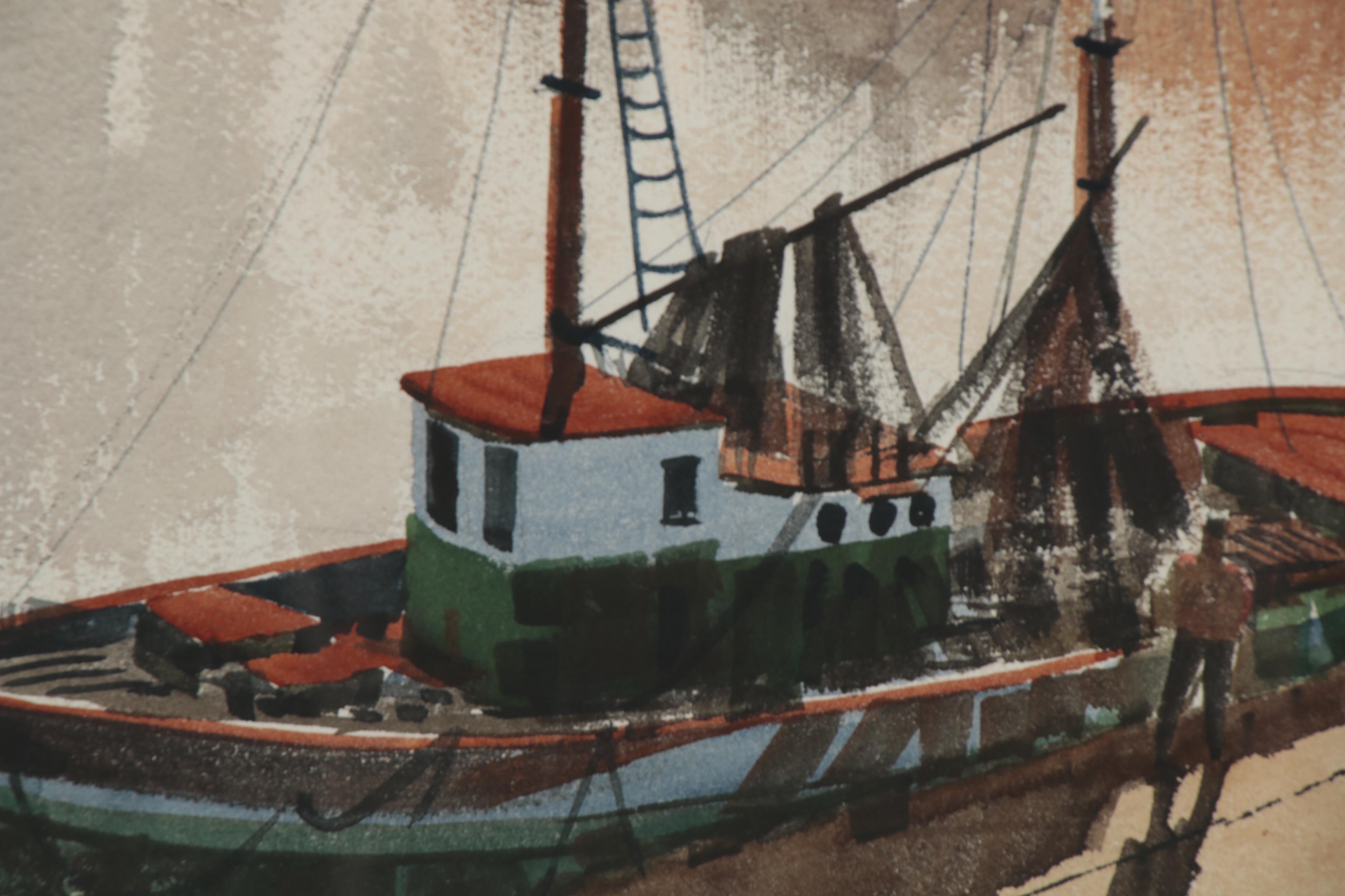 Attributed to Arne Lindmark Watercolor Painting of Harbor Scene, 1964