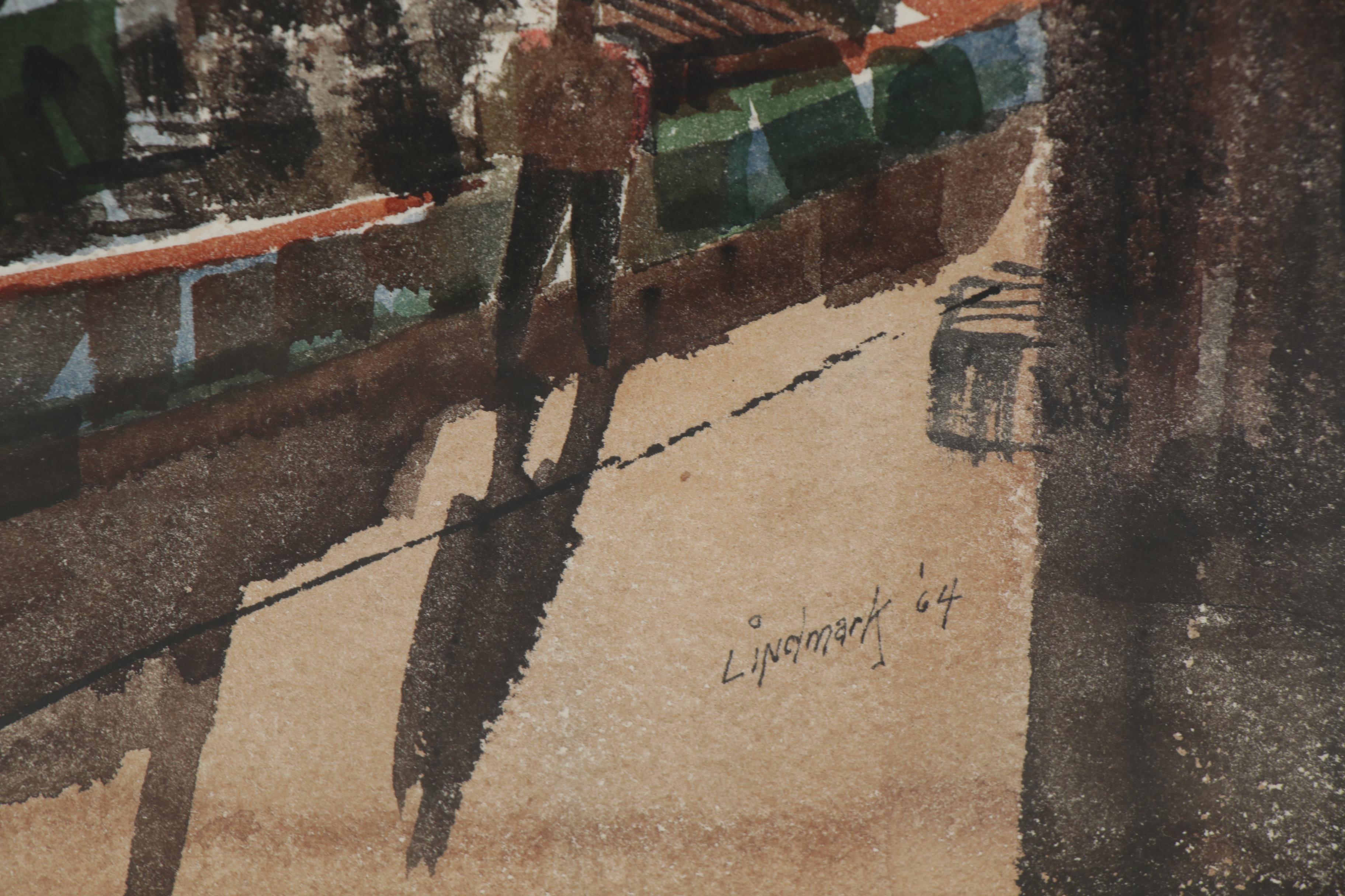 Attributed to Arne Lindmark Watercolor Painting of Harbor Scene, 1964