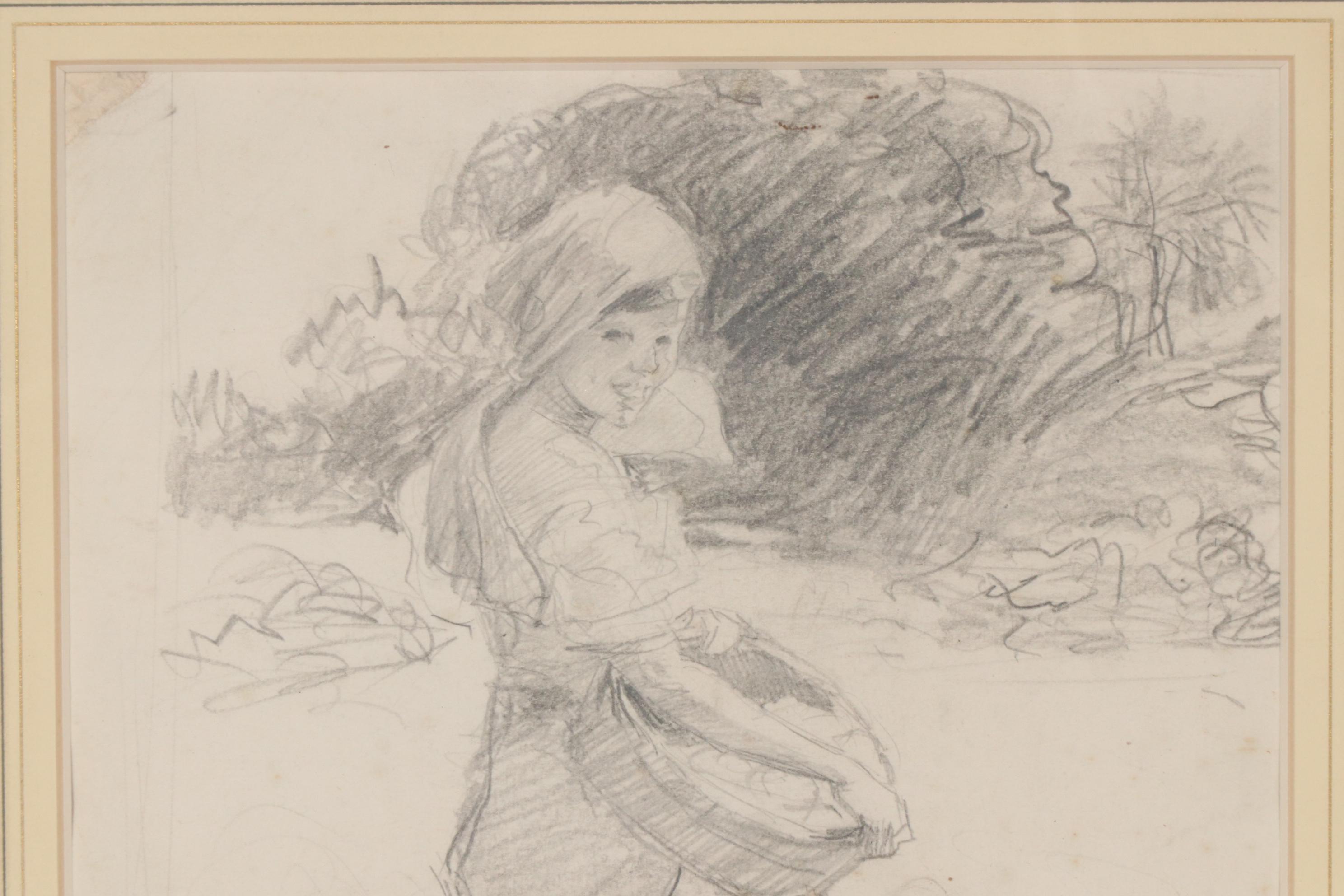 Drawing of Girl with Basket Attributed to Fernando Amorsolo y Cueto