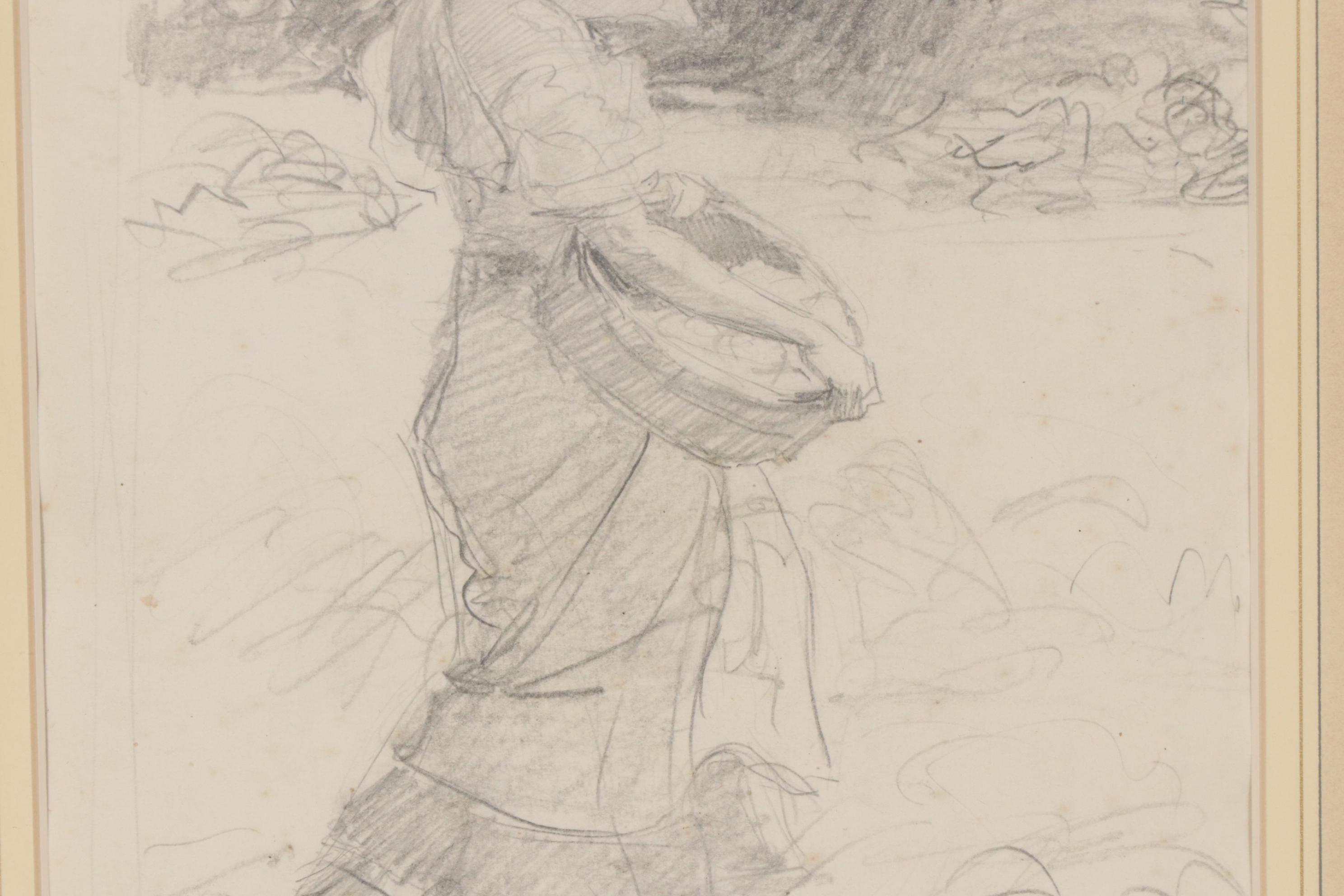 Drawing of Girl with Basket Attributed to Fernando Amorsolo y Cueto