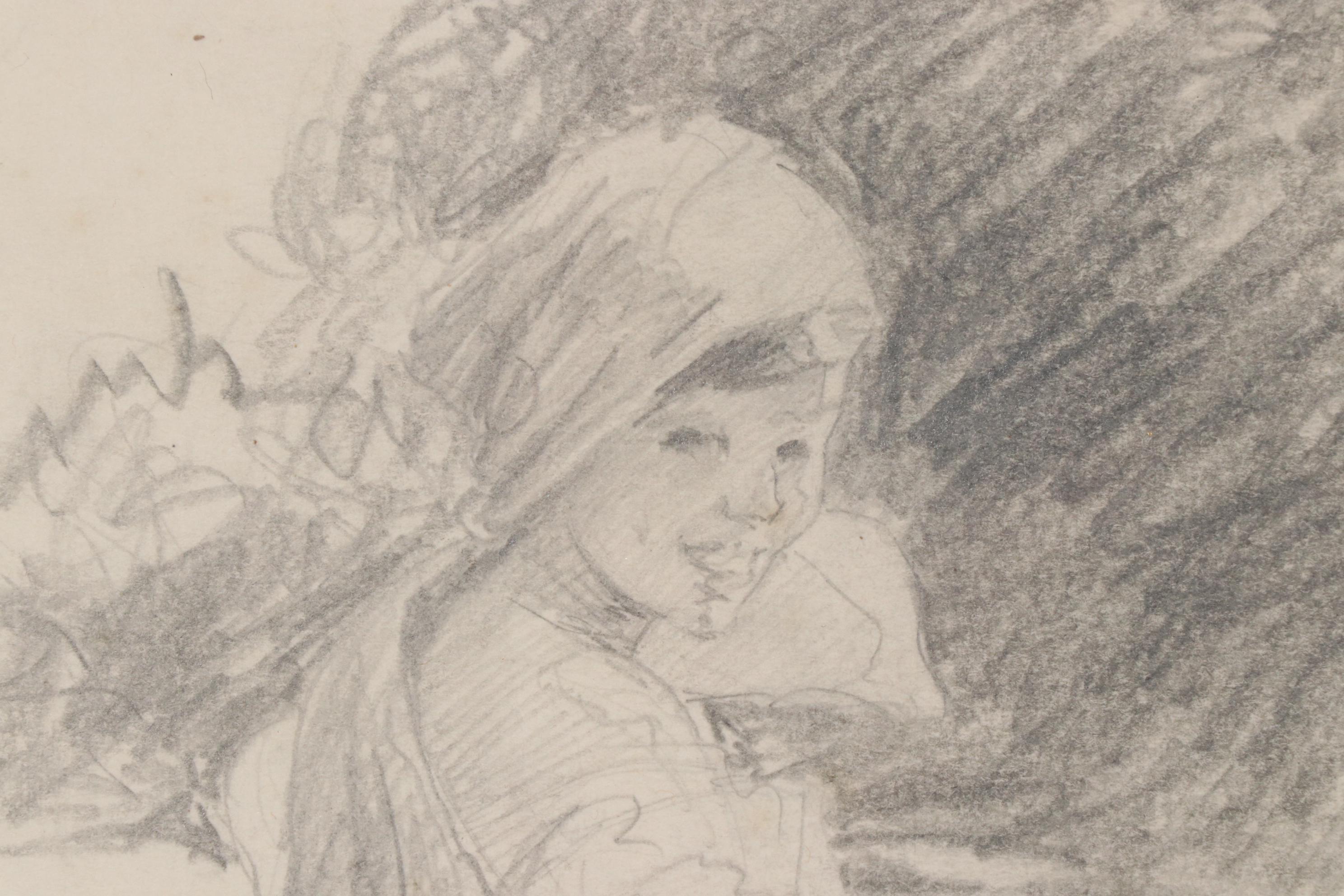 Drawing of Girl with Basket Attributed to Fernando Amorsolo y Cueto