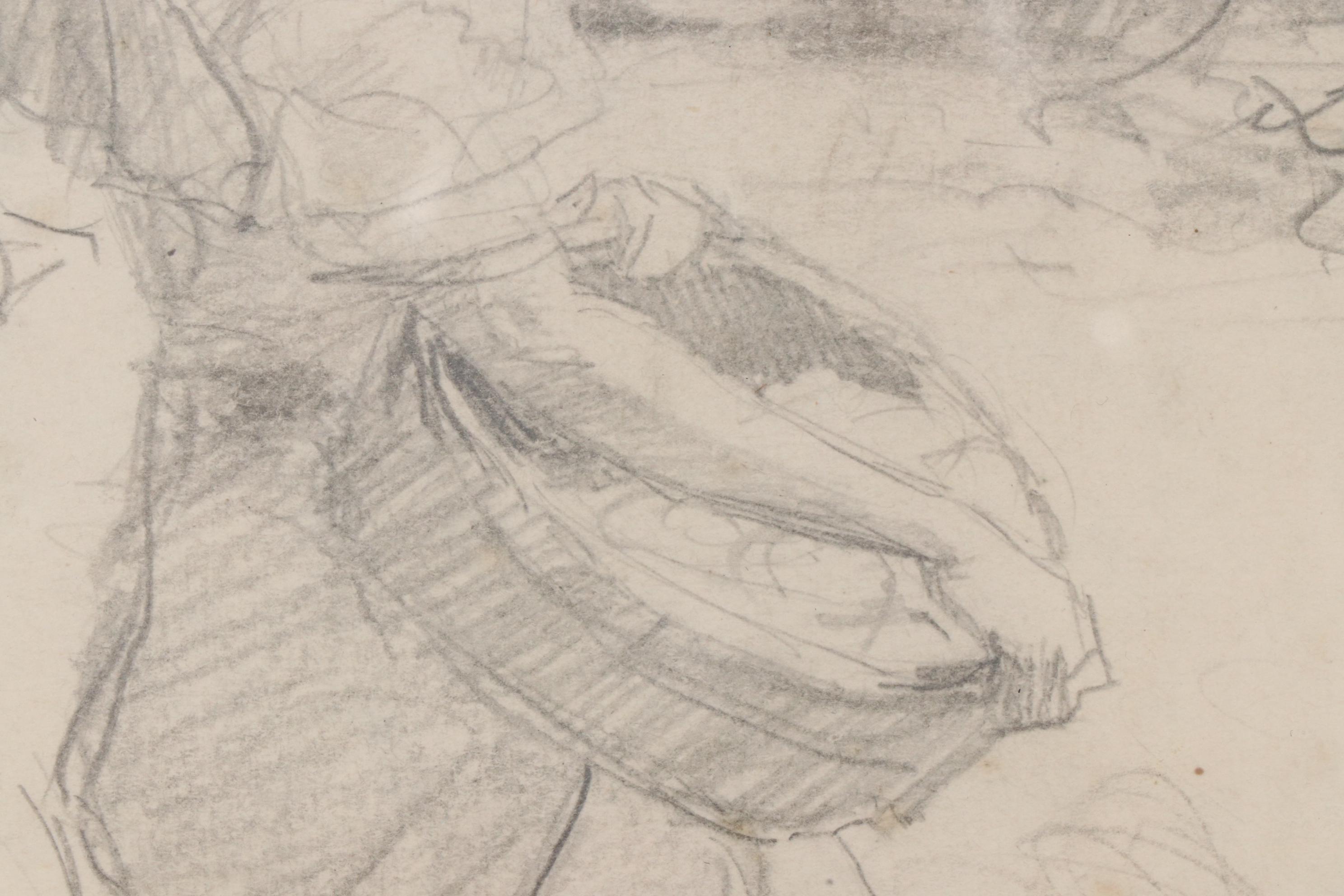 Drawing of Girl with Basket Attributed to Fernando Amorsolo y Cueto