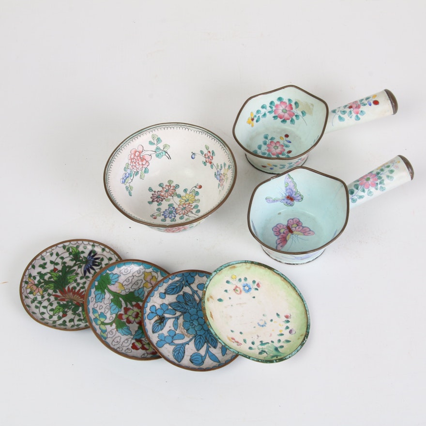 Chinese Hand-Painted Enamel Rice Scoops and Other Dishes Including Cloisonne