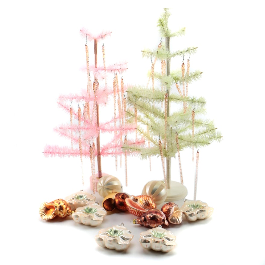 Blown Glass Ornaments with Bottle Brush Tabletop Trees