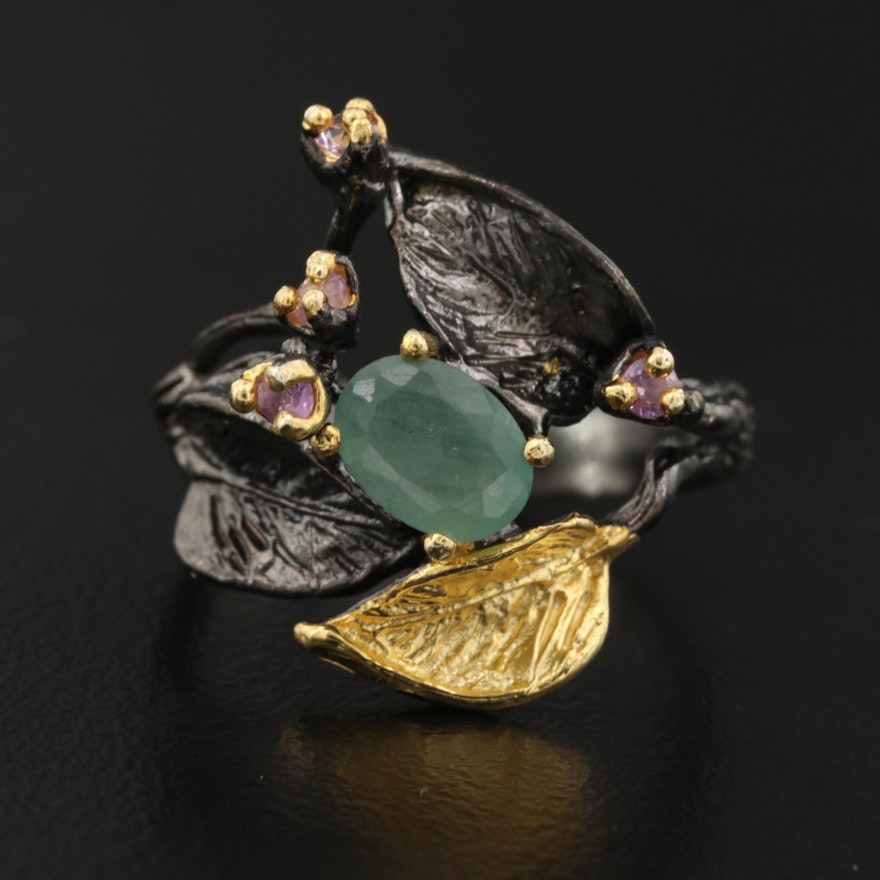 Sterling Silver Emerald and Quartz Ring Featuring Organic Leaf Design
