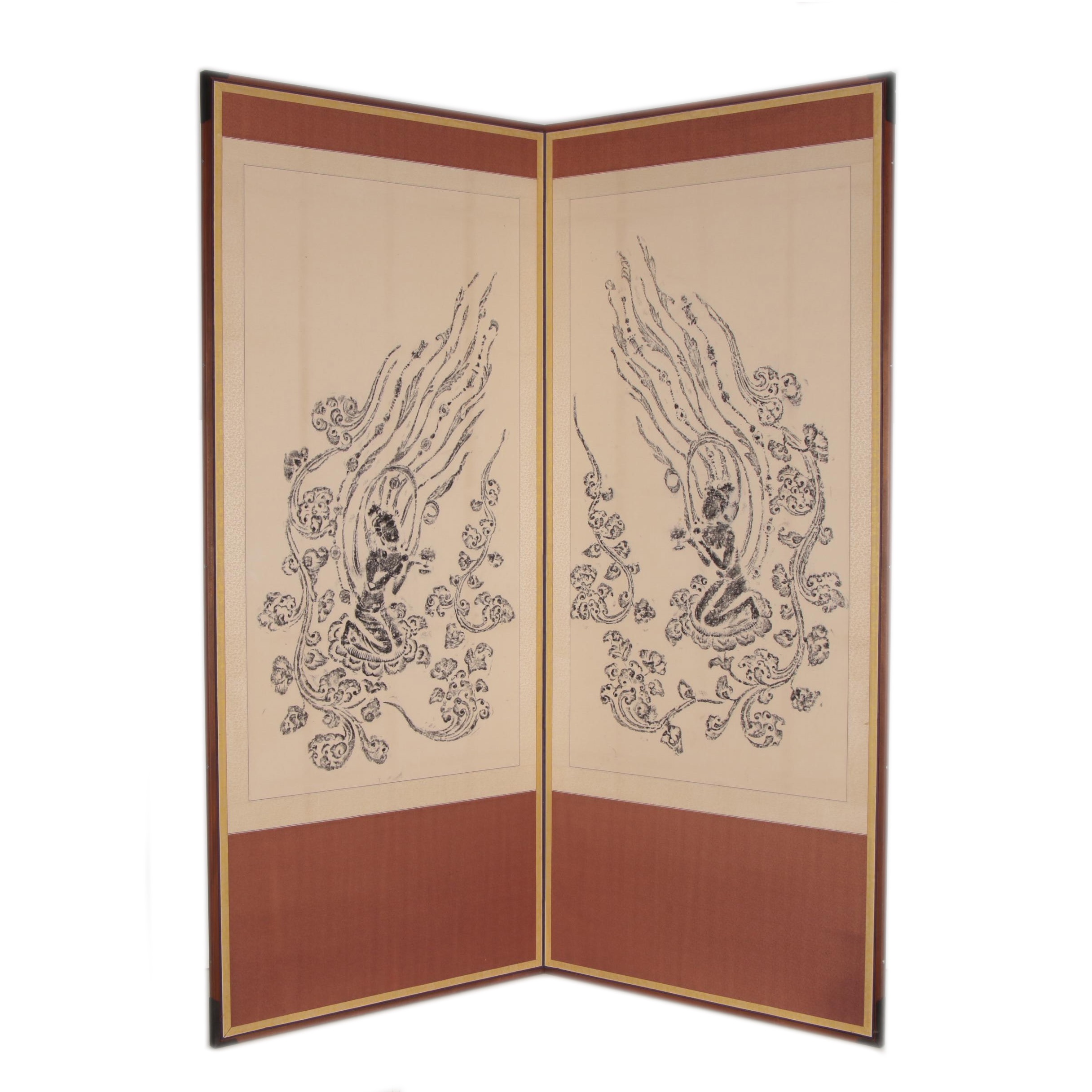 East Asian Two Panel Folding Screen with Thai Temple Rubbings