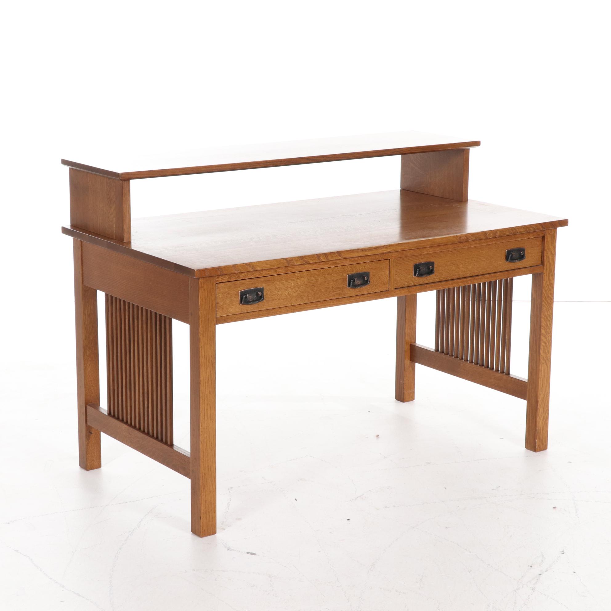 Stickley Craftsman Style Oak Computer Desk and Leather Upholstered Office Chair