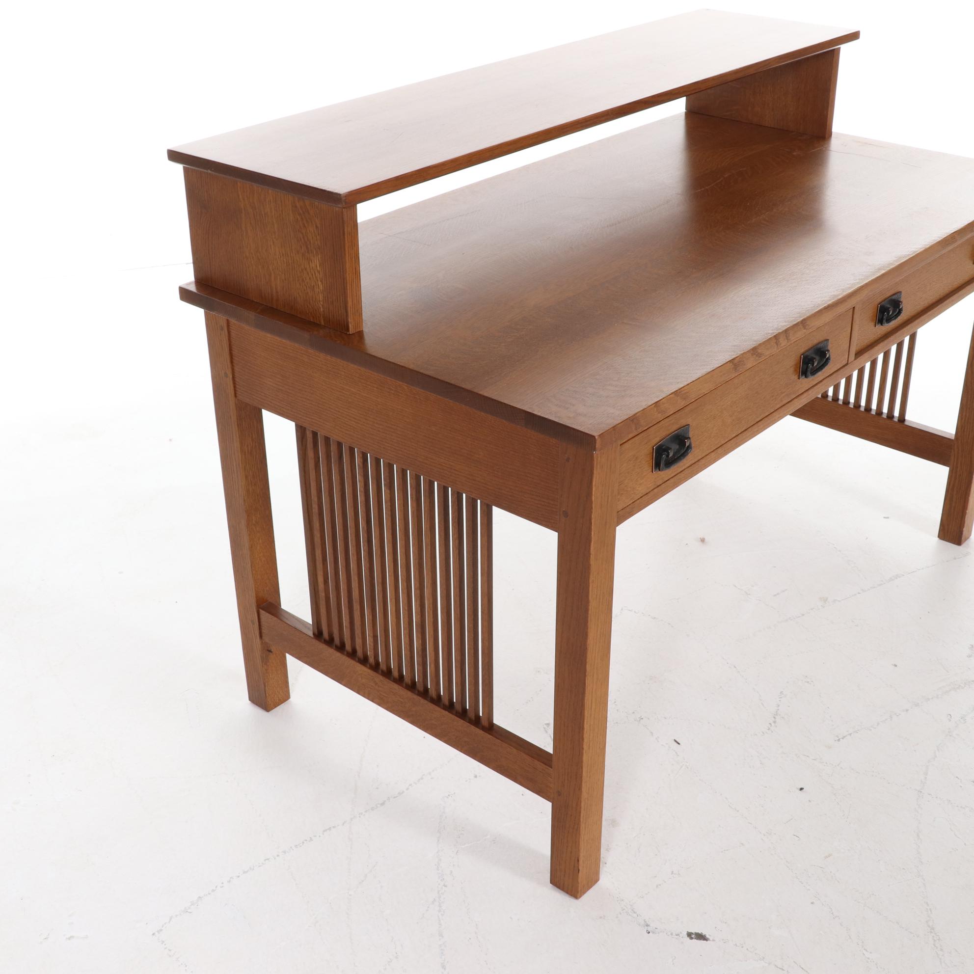 Stickley Craftsman Style Oak Computer Desk and Leather Upholstered Office Chair