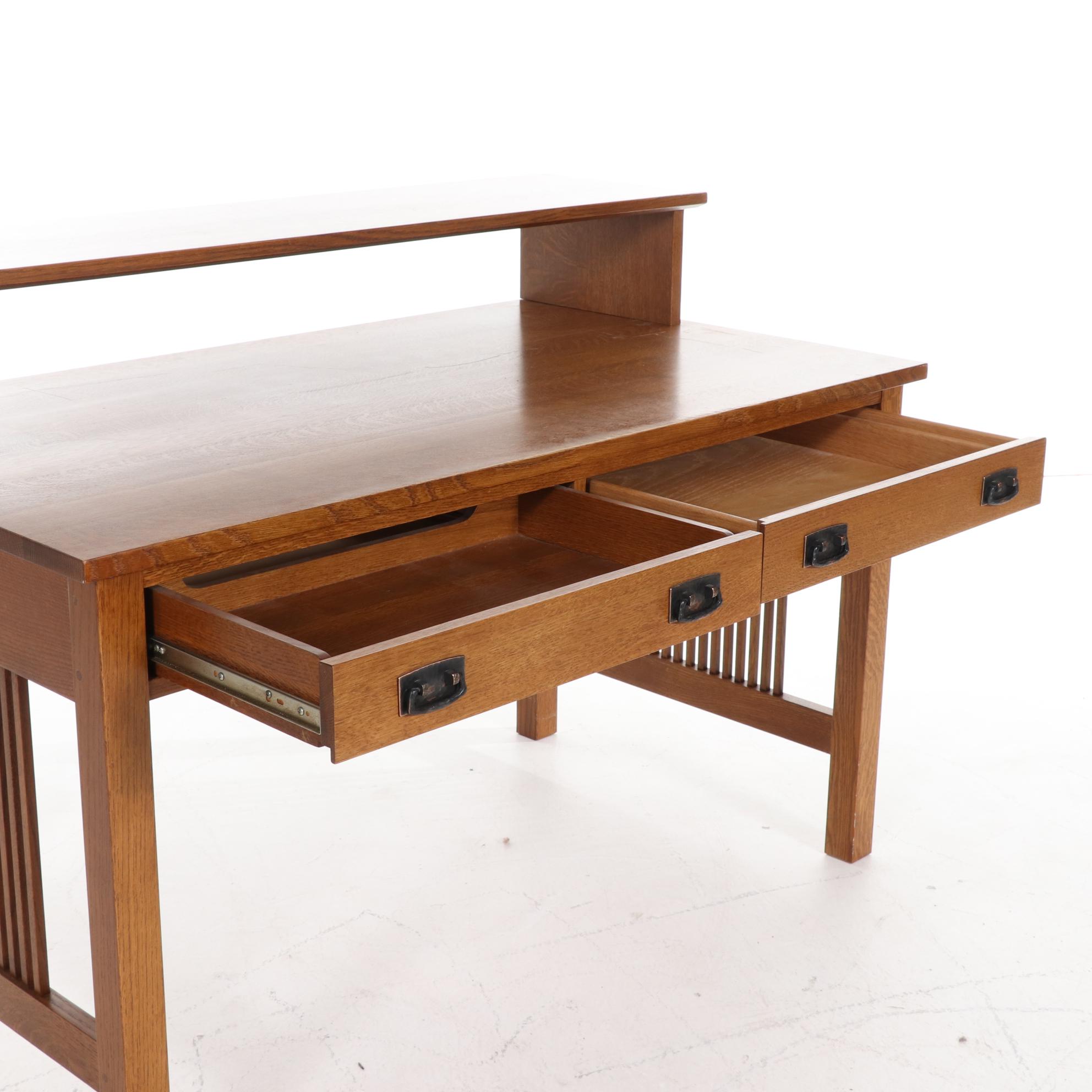 Stickley Craftsman Style Oak Computer Desk and Leather Upholstered Office Chair