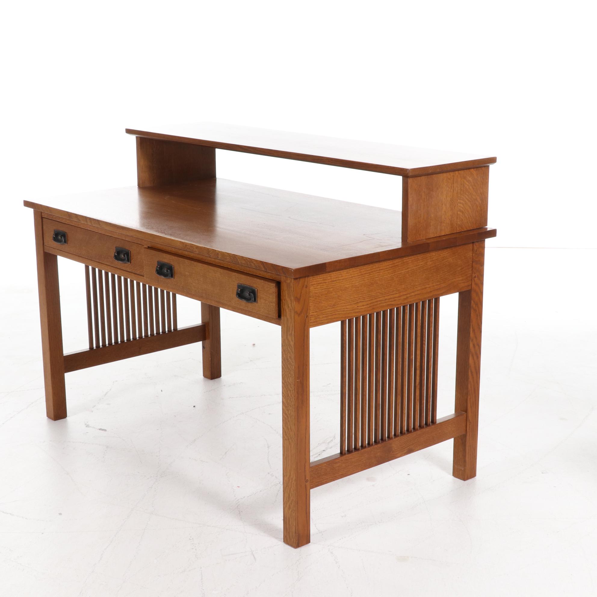 Stickley Craftsman Style Oak Computer Desk and Leather Upholstered Office Chair