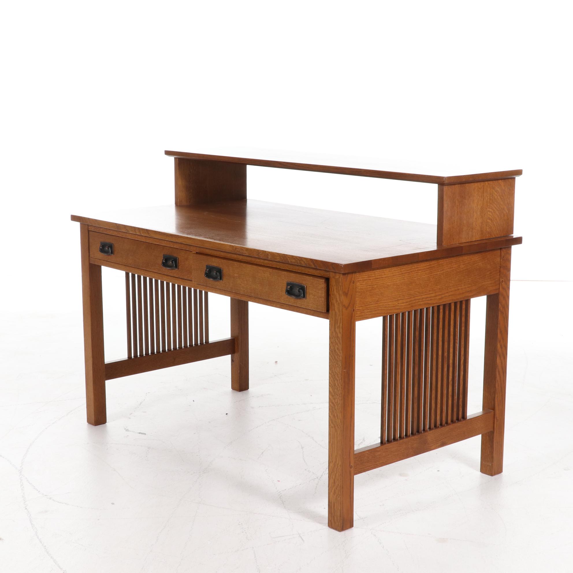 Stickley Craftsman Style Oak Computer Desk and Leather Upholstered Office Chair