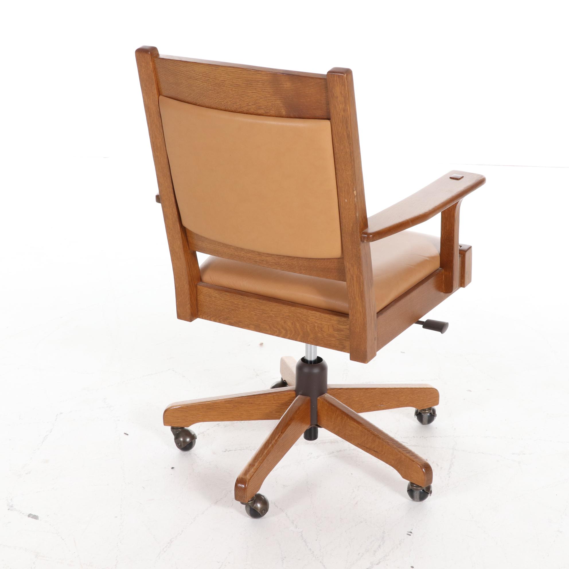 Stickley Craftsman Style Oak Computer Desk and Leather Upholstered Office Chair