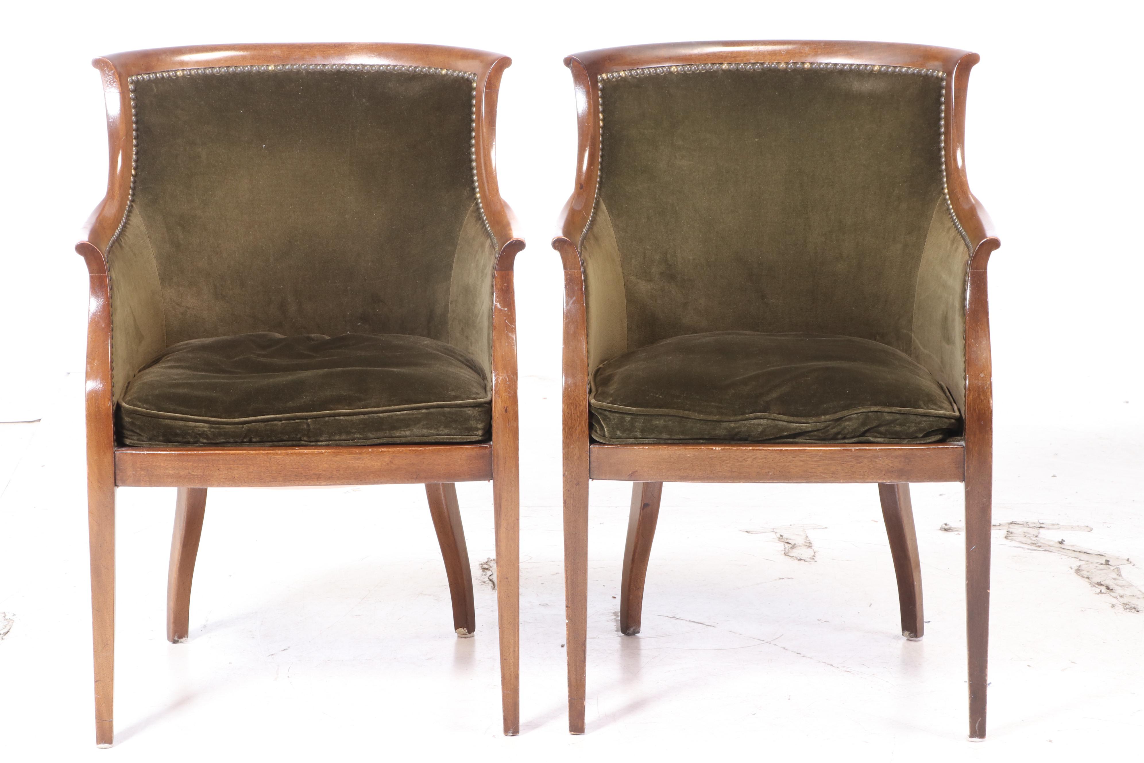 Pair of Velvet-Upholstered Mahogany Tub Chairs, 20th Century