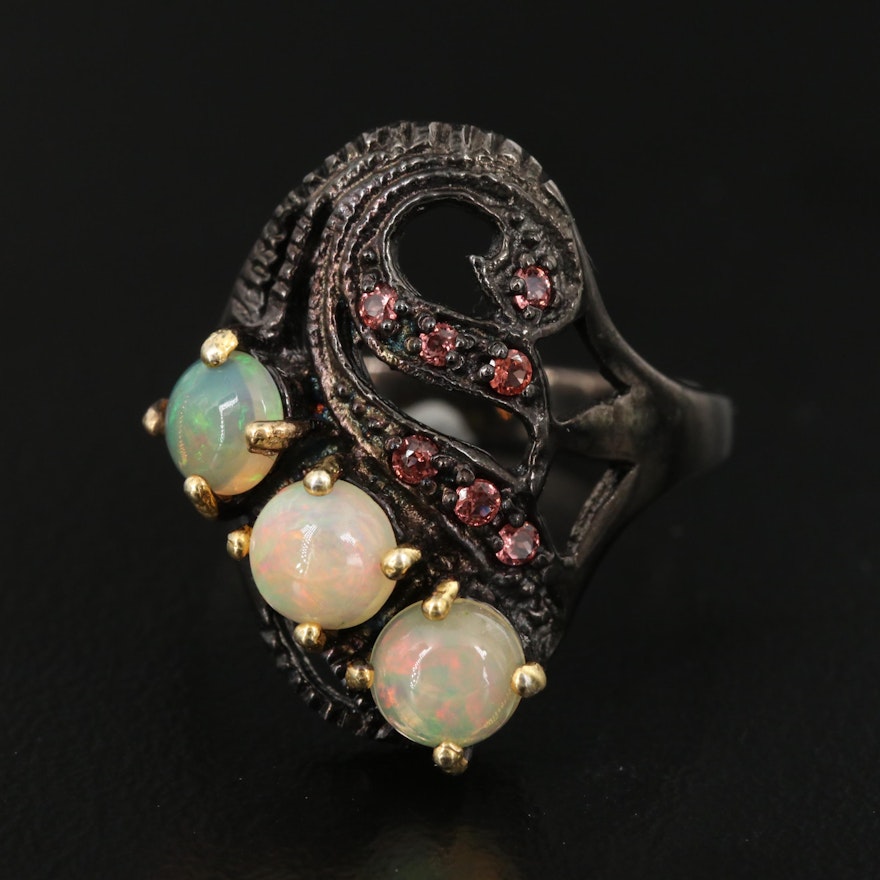 Sterling Silver Opal and Garnet Ring with Swirl Design