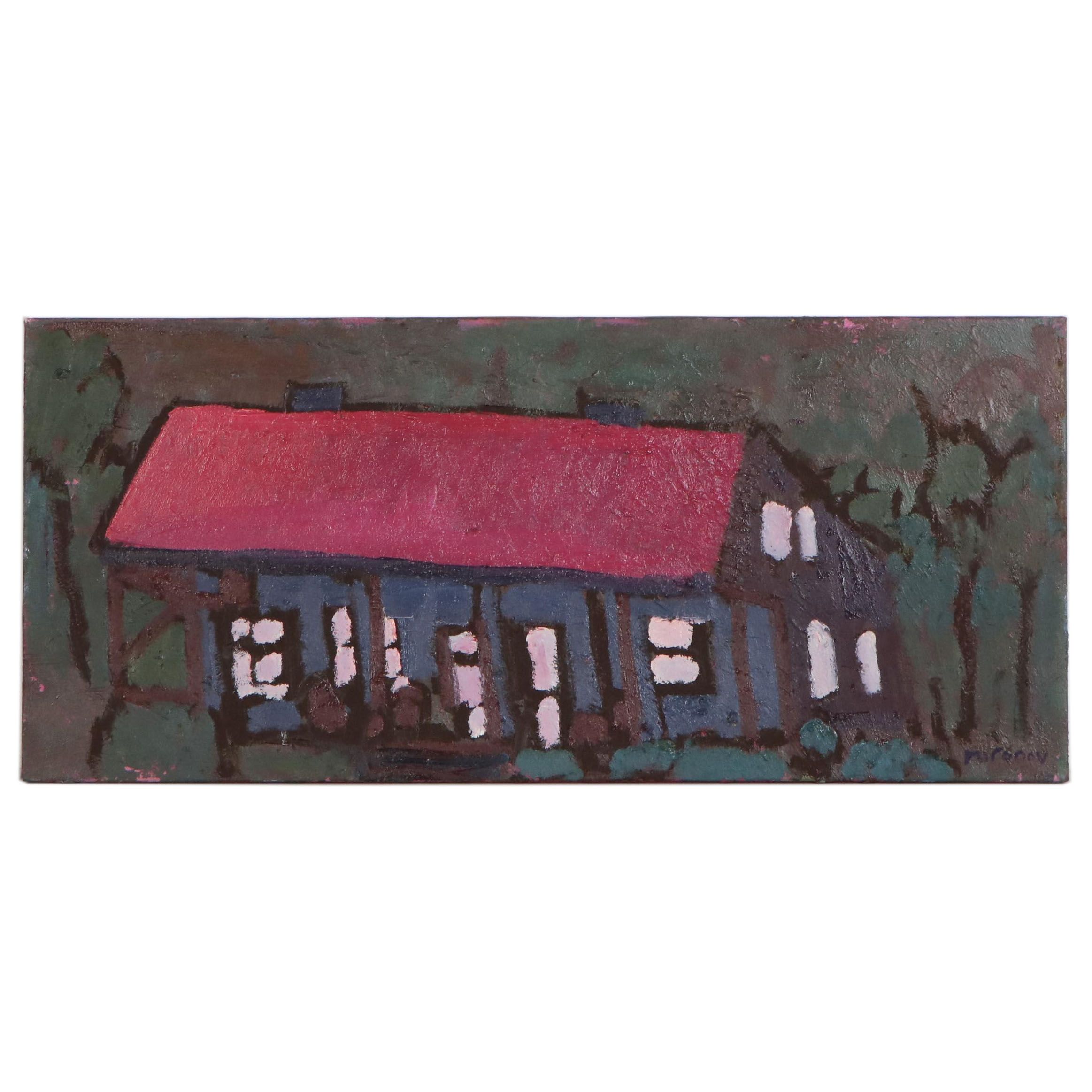 Jerald Mironov Modernist Oil Painting of Cabin in Woods, Late 20th Century