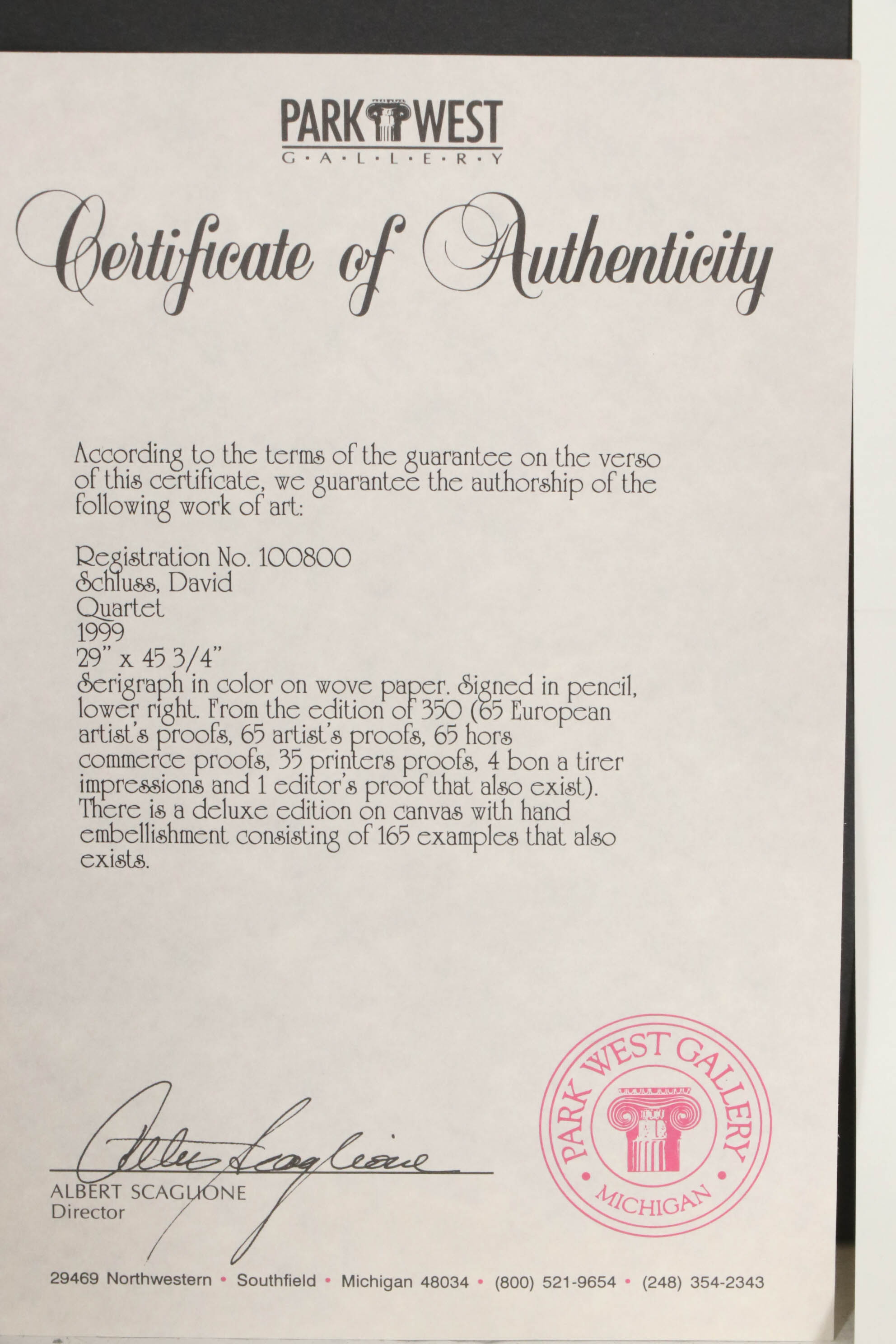 David Schluss Serigraph "Quartet", 1999