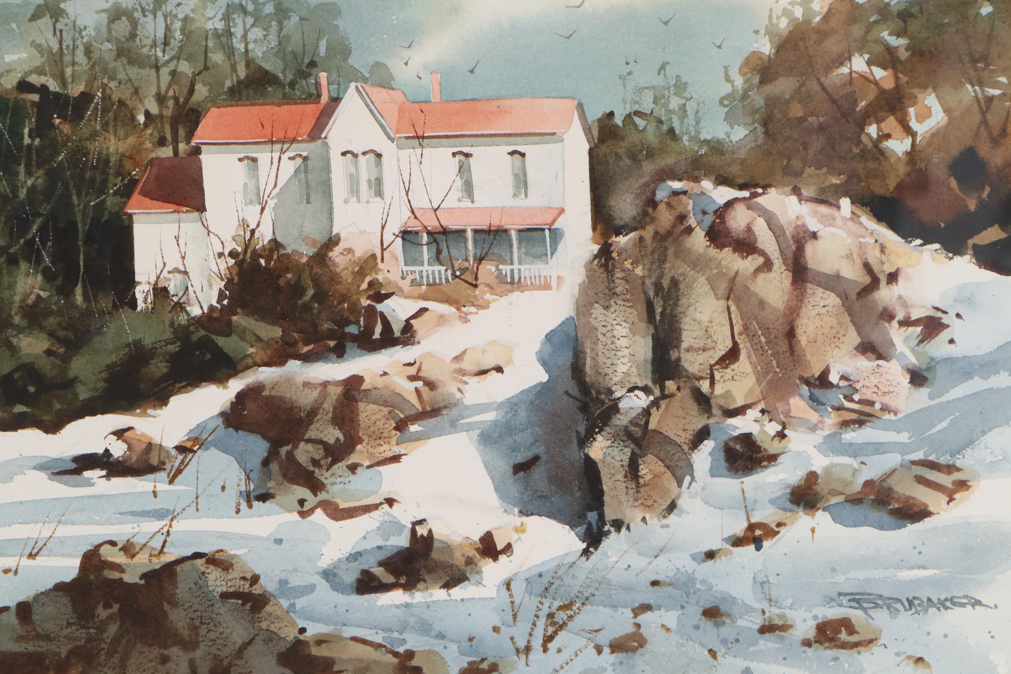 Robert Brubaker Winter Landscape Watercolor Painting, Late 20th Century