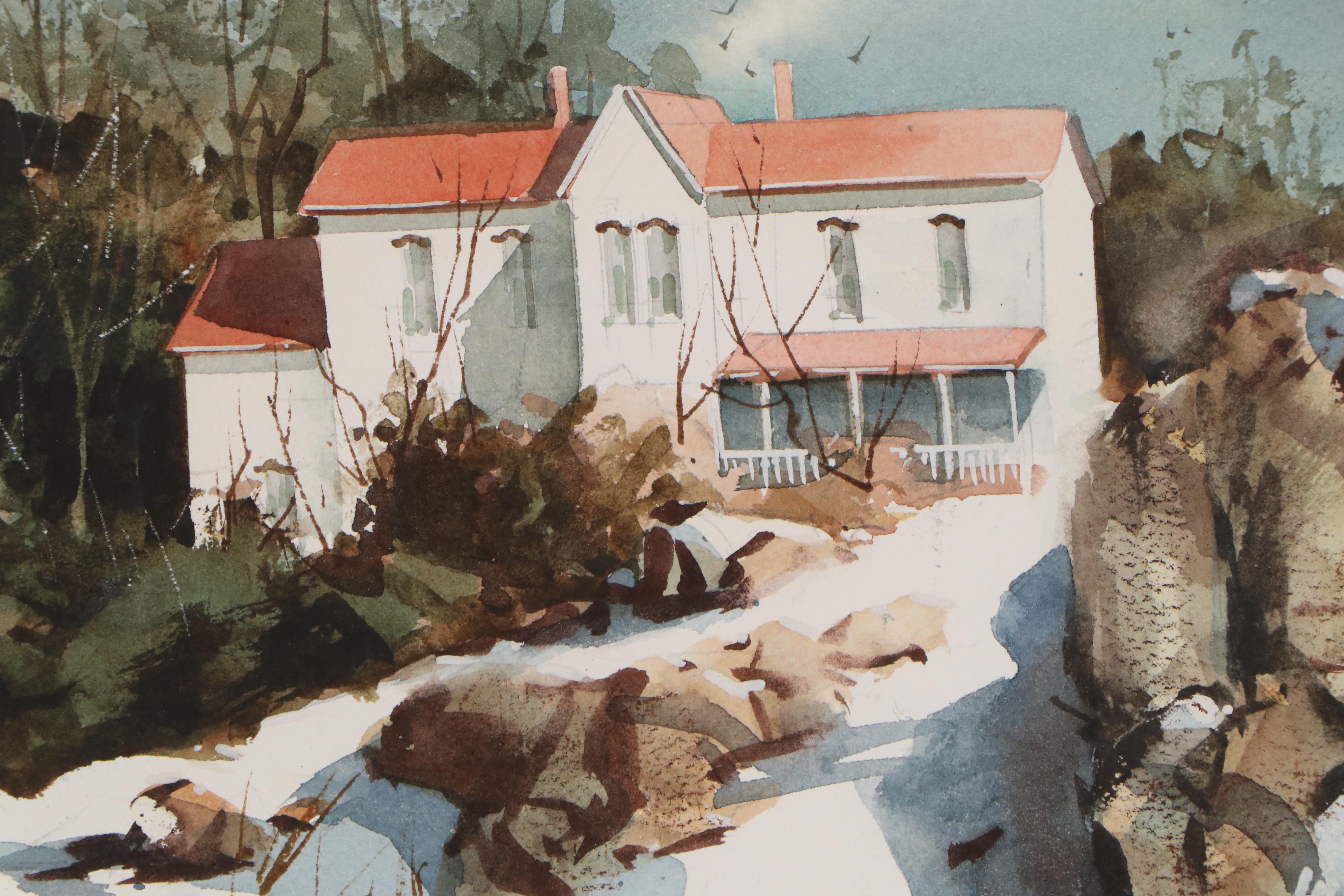 Robert Brubaker Winter Landscape Watercolor Painting, Late 20th Century