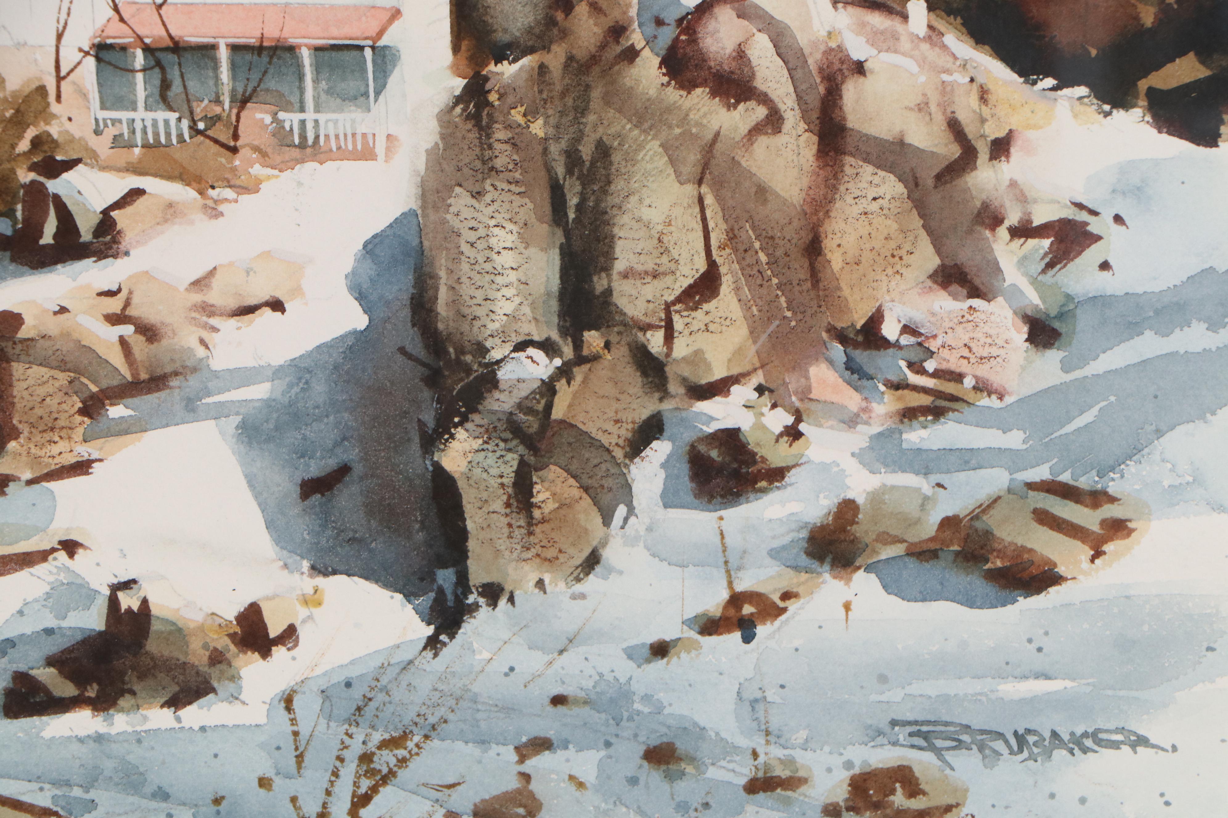 Robert Brubaker Winter Landscape Watercolor Painting, Late 20th Century