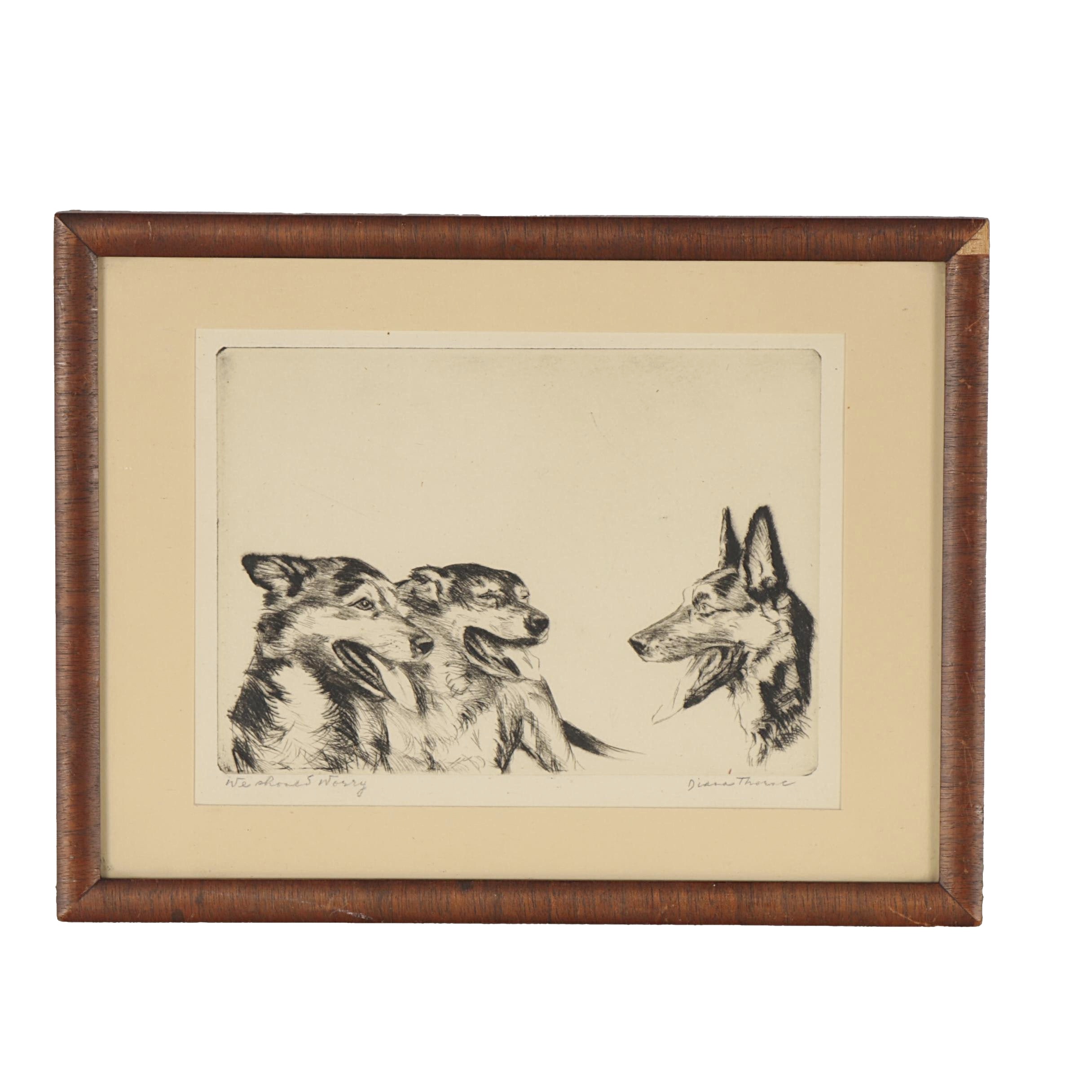 Diana Thorne Drypoint Etching of Dogs "We Should Worry"