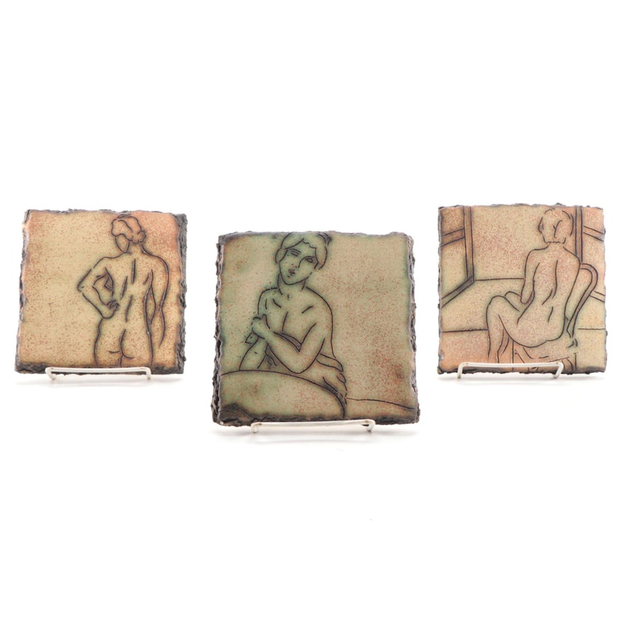 W. Mitch Yung Ceramic Sgraffito Tiles Depicting Nude Figures