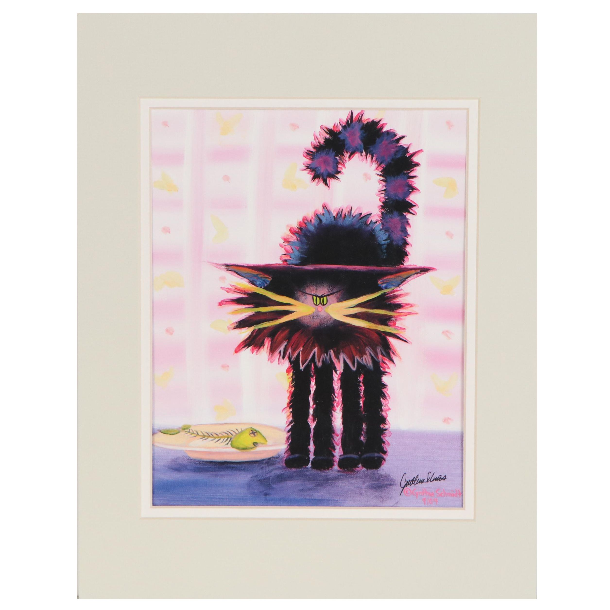 Cynthia Schmidt Giclée "Black Cranky Cat with Fish", 21st Century