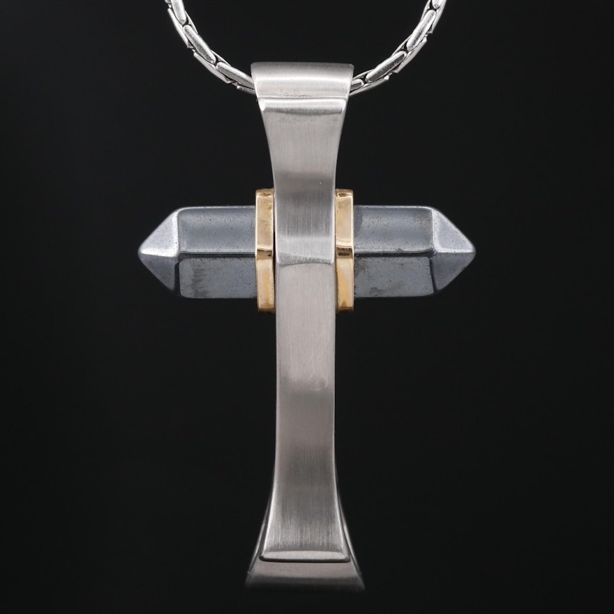 Contemporary Stainless Steel Hematite Cross Pendant Necklace with 14K Accents