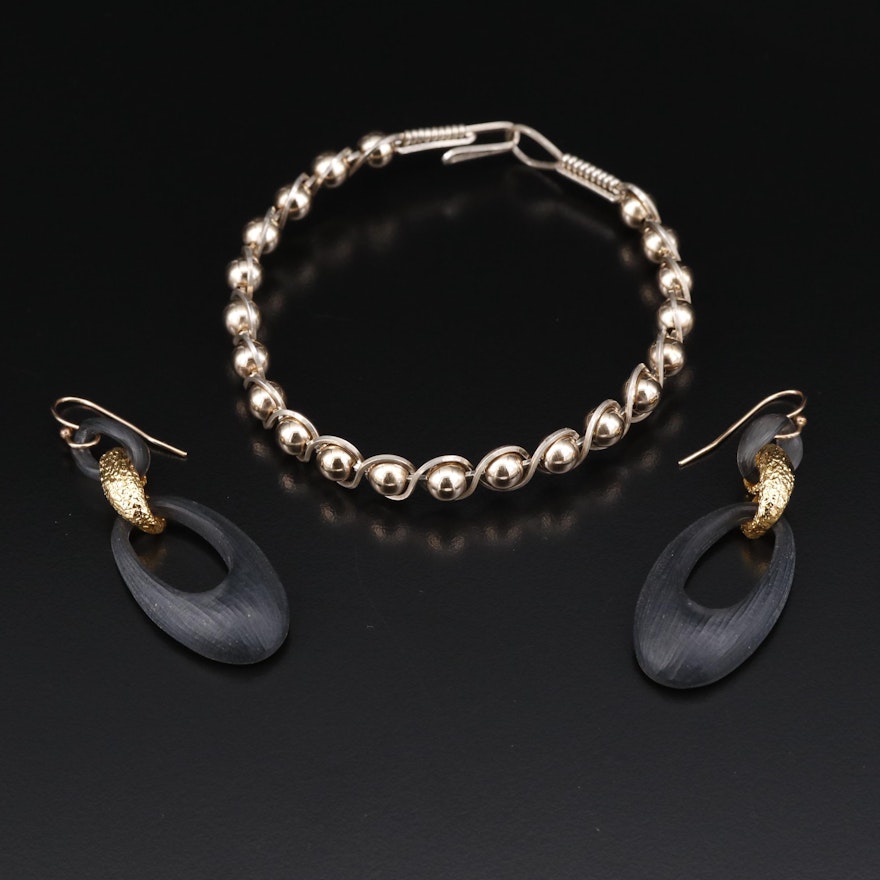 Alexis Bittar Carved Lucite Earrings with Sterling Silver and Metal Bracelet