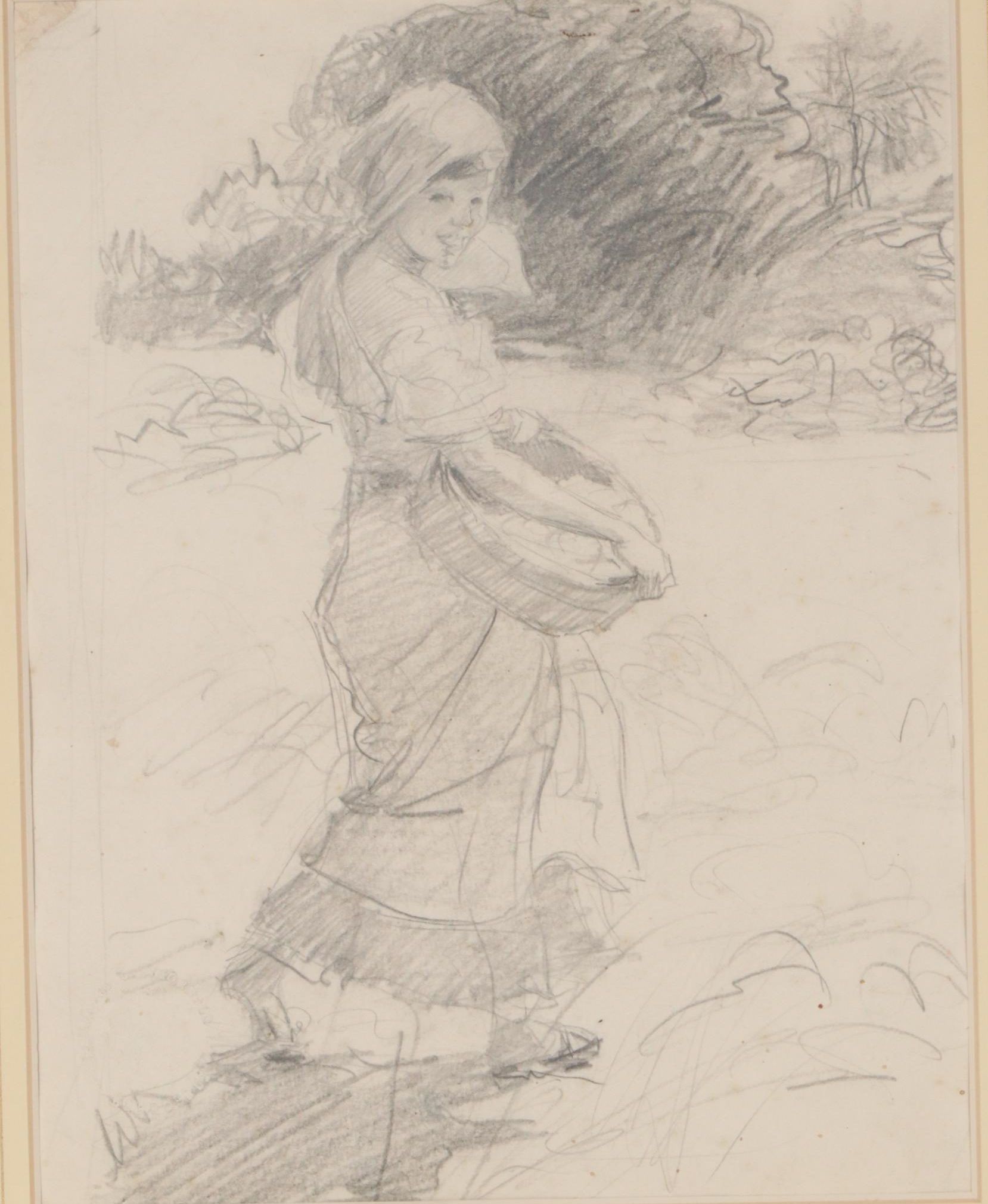 Drawing of Girl with Basket Attributed to Fernando Amorsolo y Cueto