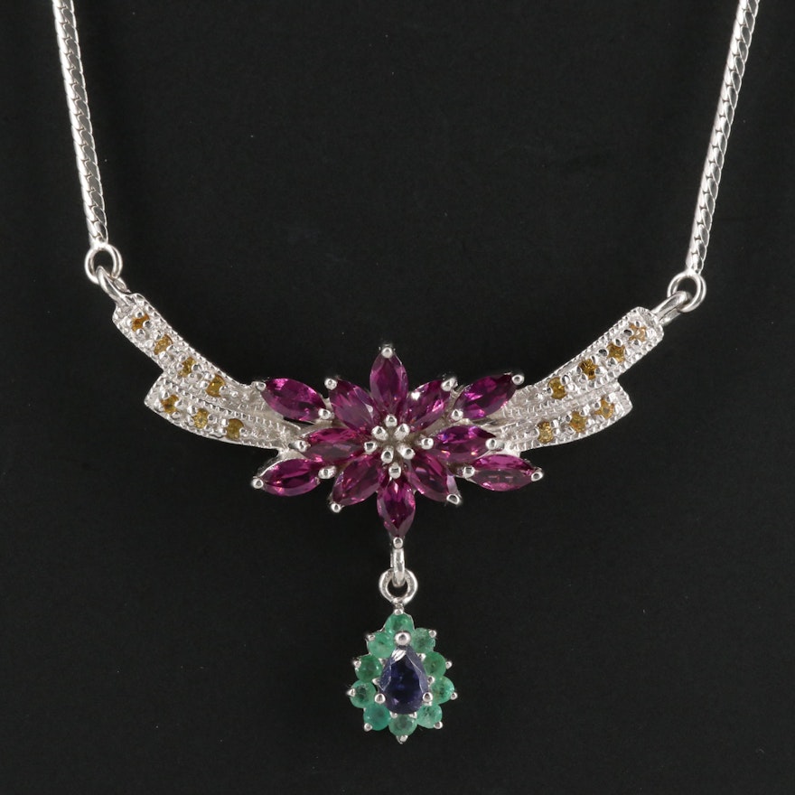 Sterling Silver Garnet, Emerald and Iolite Stationary Pendant Necklace