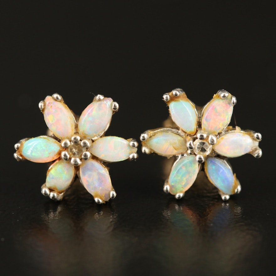 14K Opal and Diamond Flower Stud Earrings