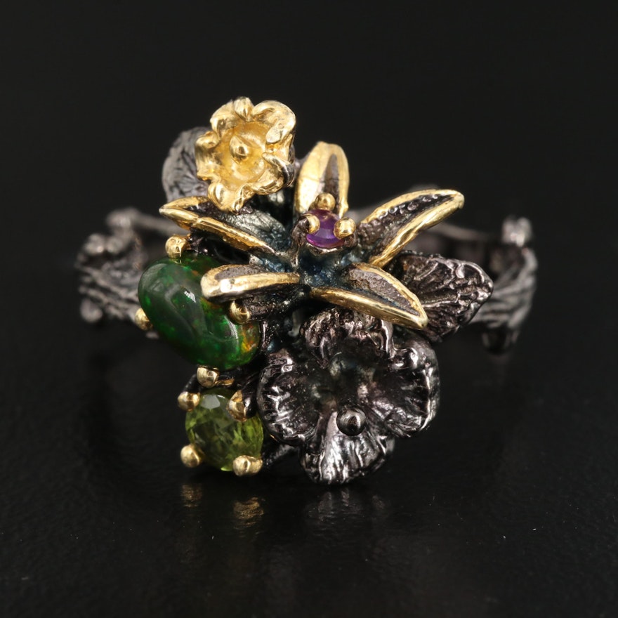 Sterling Silver Opal, Amethyst and Peridot Flower Bouquet Ring