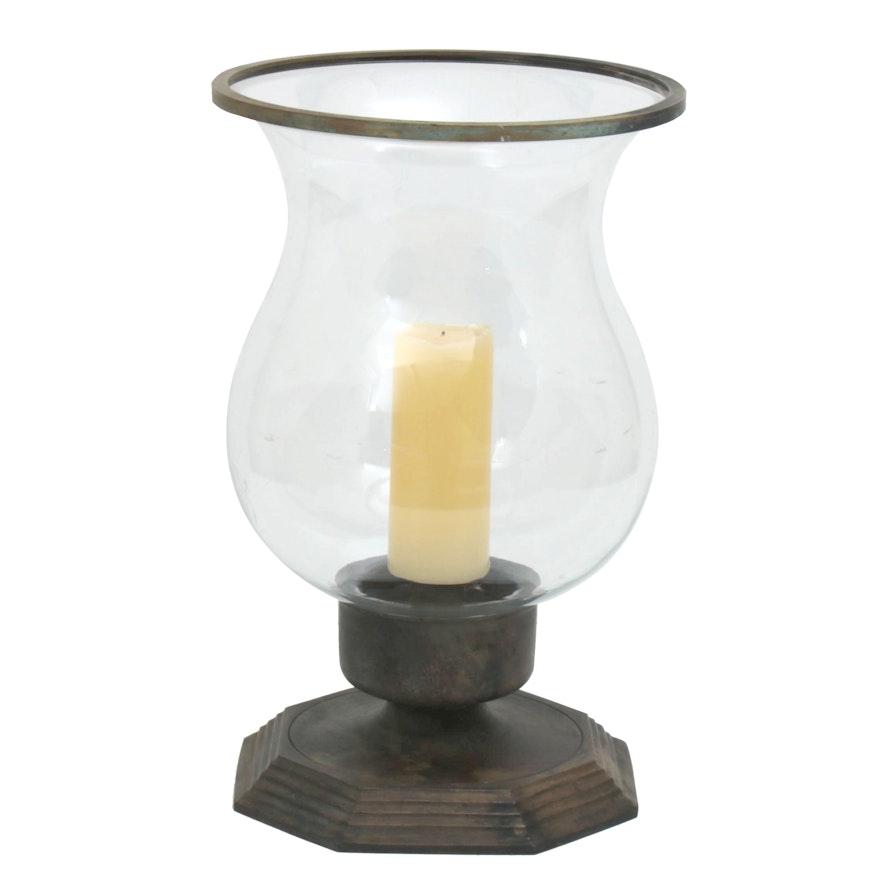 Antiqued Brass and Glass Candle Hurricane, 21st Century