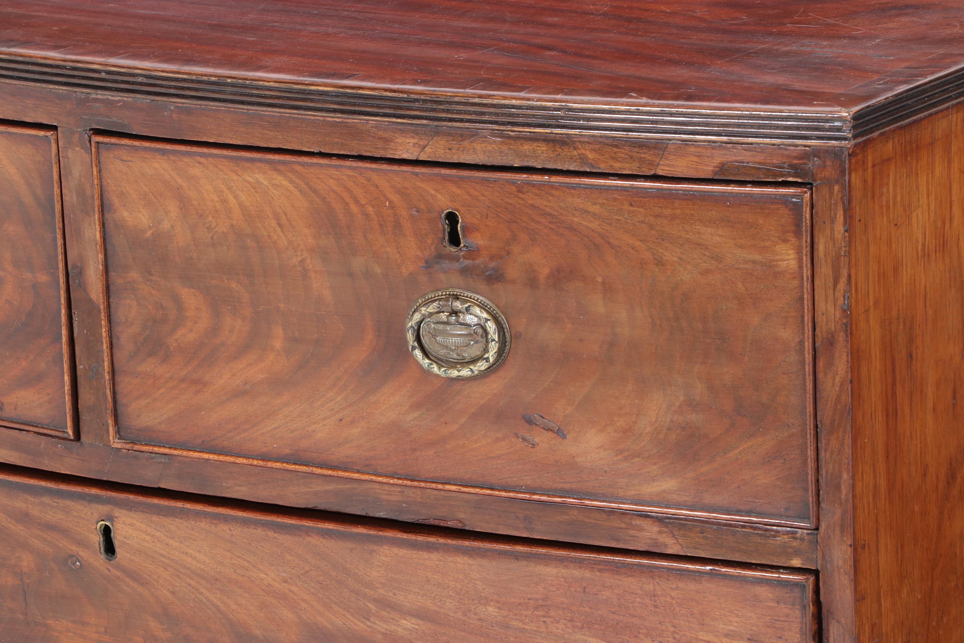 George III Flame Mahogany and Crossbanded Four-Drawer Bowfront Chest, circa 1800